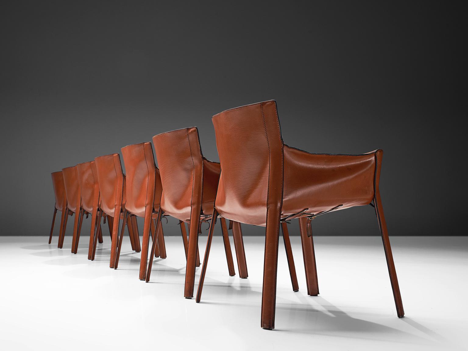 Mid-Century Modern Giancarlo Vegni for Fasem Set of Seven Patinated Leather Chairs