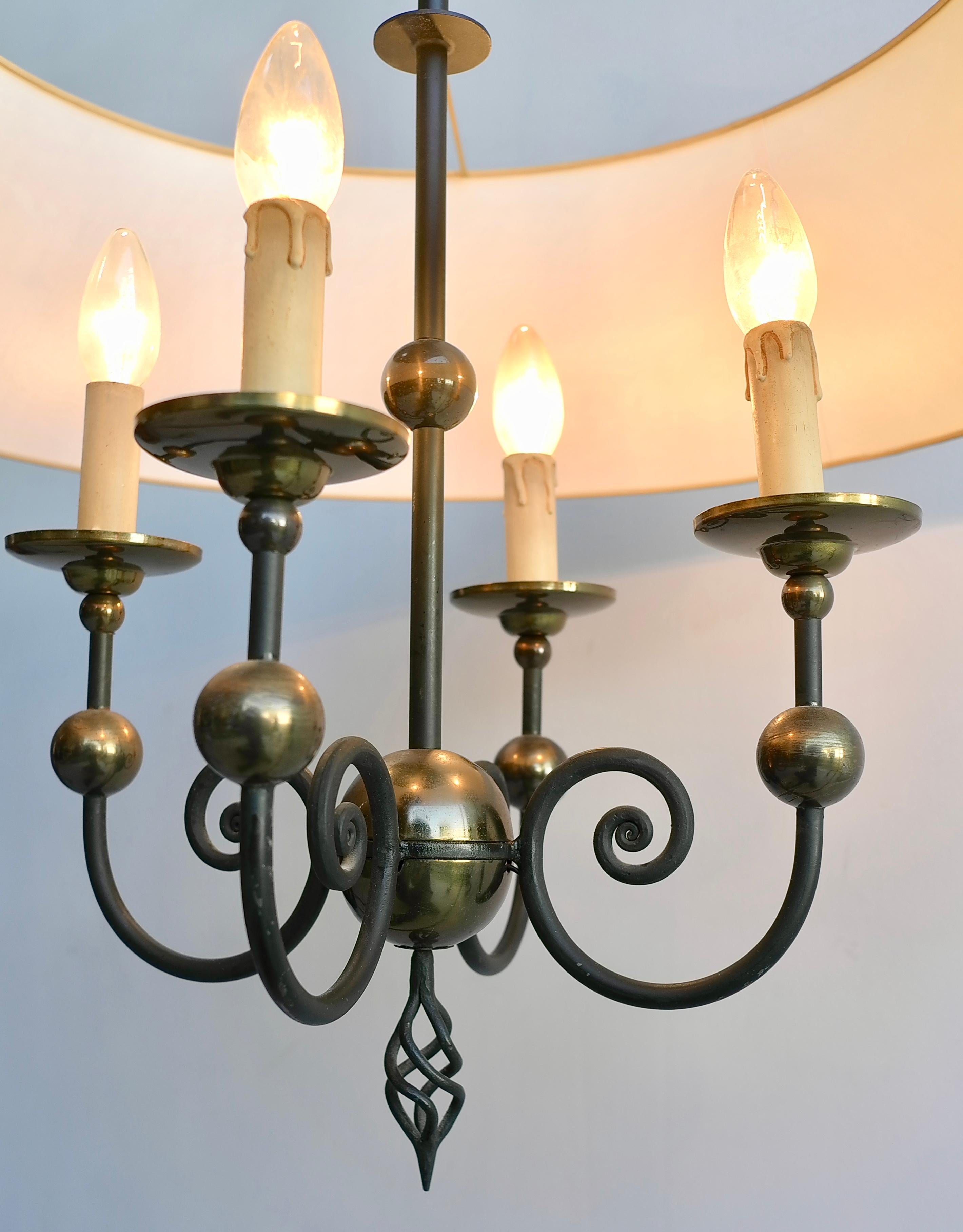 Mid-Century Modern French Midcentury Wrought Iron Chandelier with Brass Balls and Silk Hood For Sale