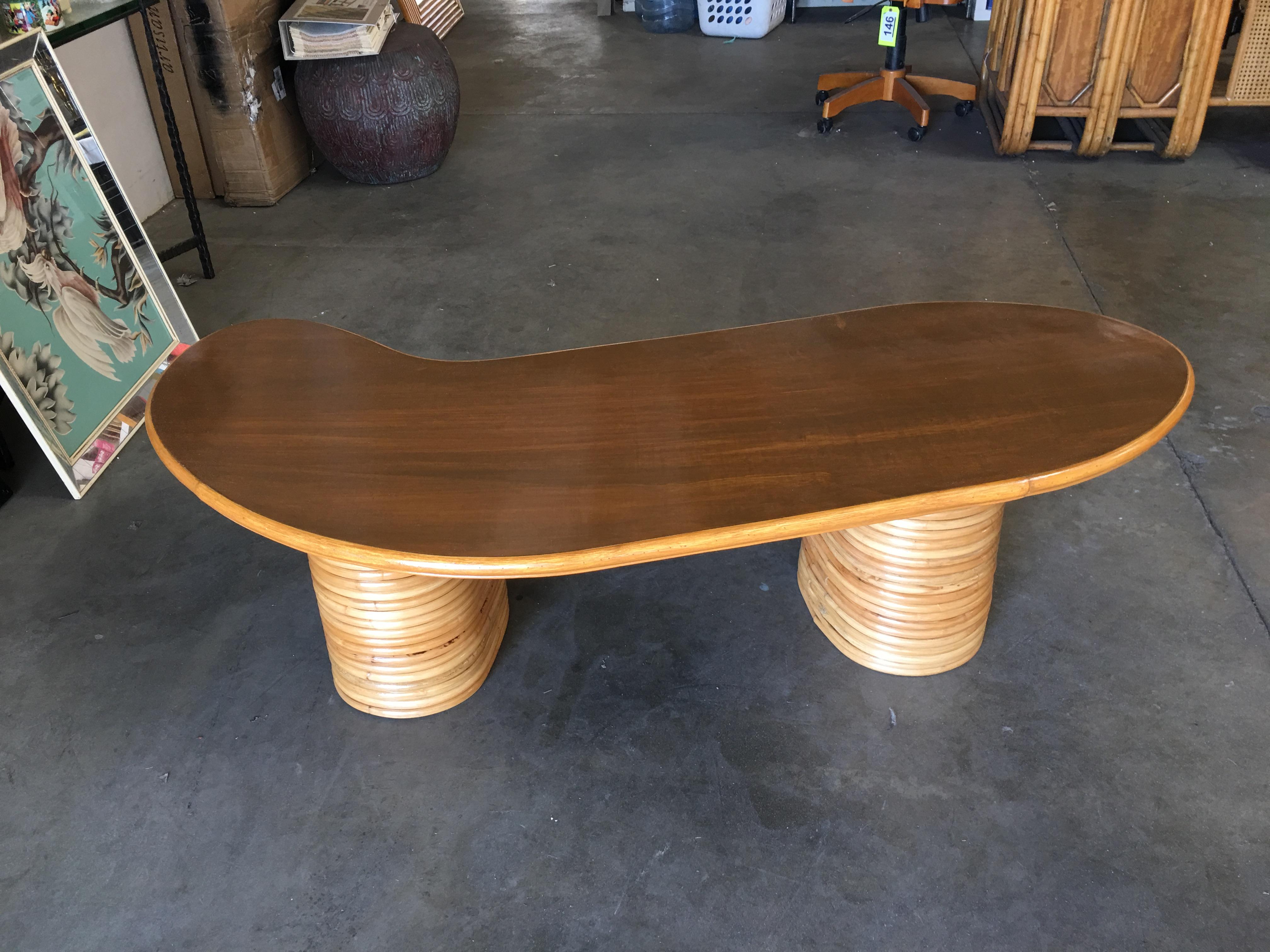 Mid-Century Modern Long Biomorphic Rattan Coffee Table with Wood Top