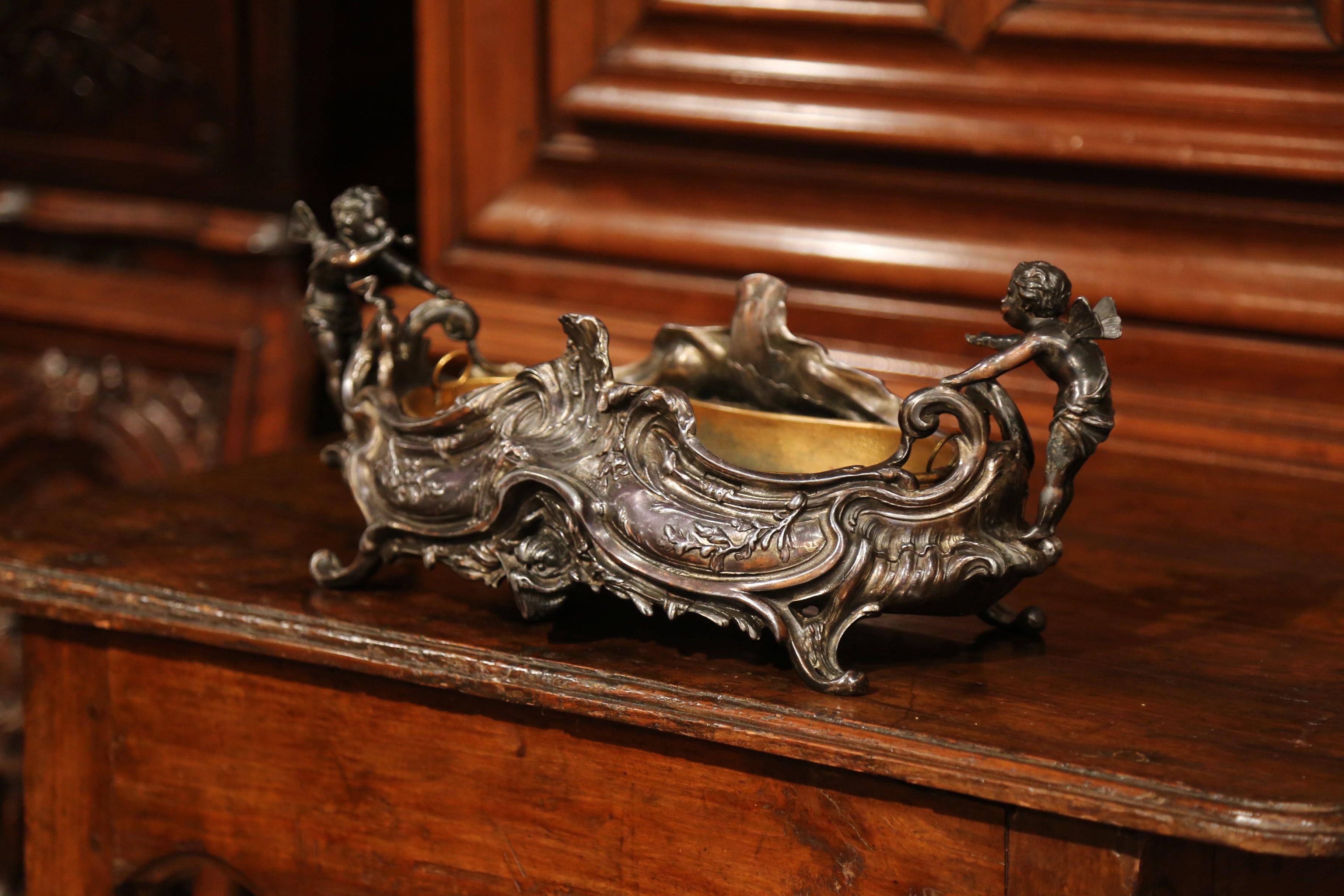 Hand-Crafted 19th Century French Louis XV Pewter Centrepiece with Cherubs and Inside Liner