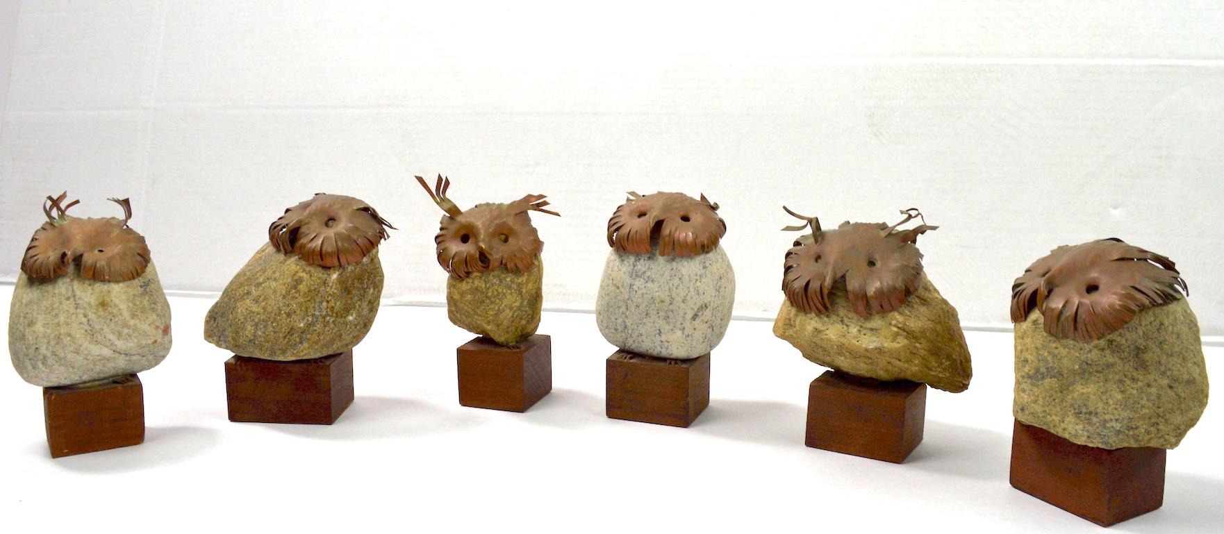 American Seven-Piece Collection Brutalist Owls with Copper Heads and Feet with Stone Body