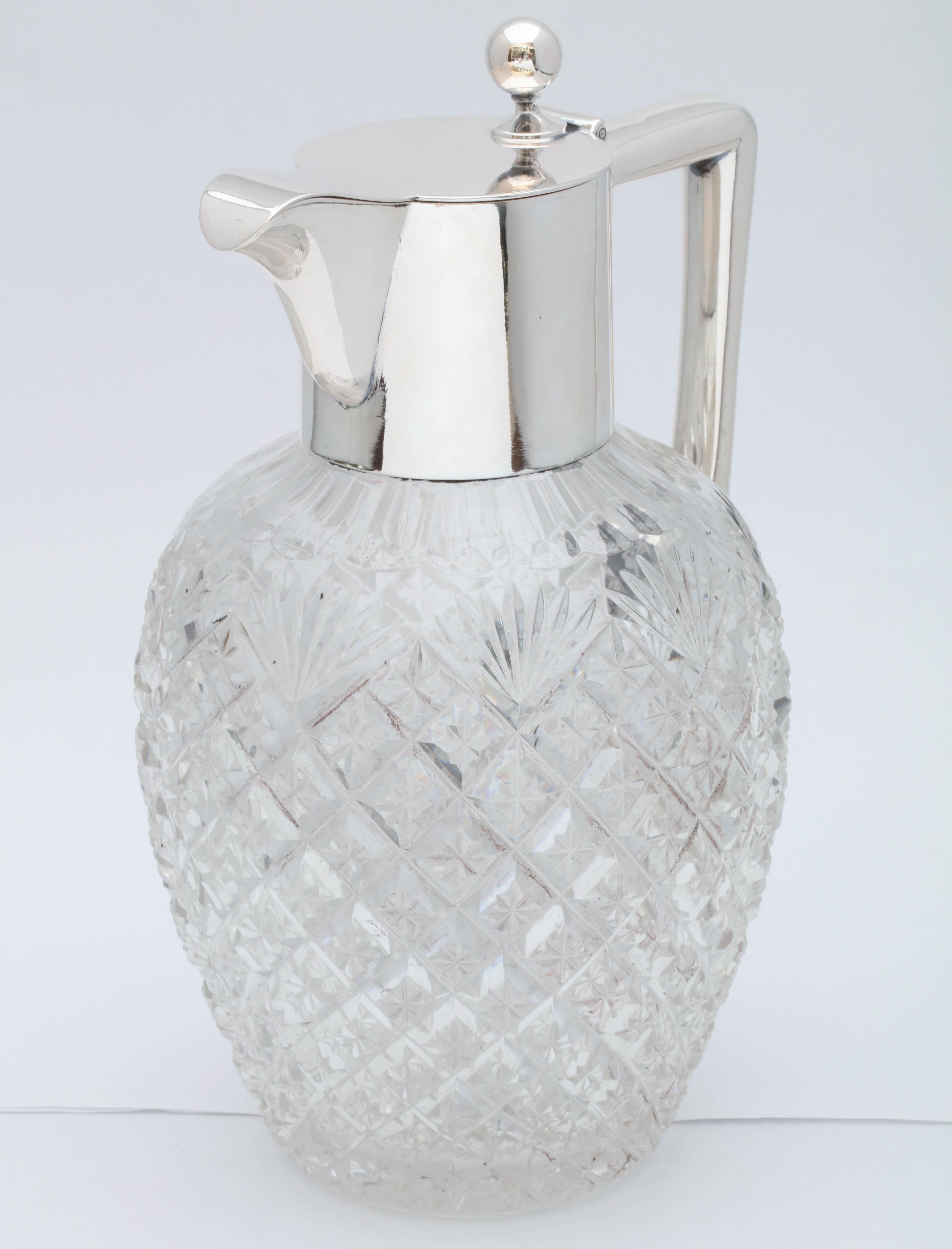 Edwardian Continental Silver Mounted Cut Glass Claret Jug with Hinged Lid In Excellent Condition In New York, NY