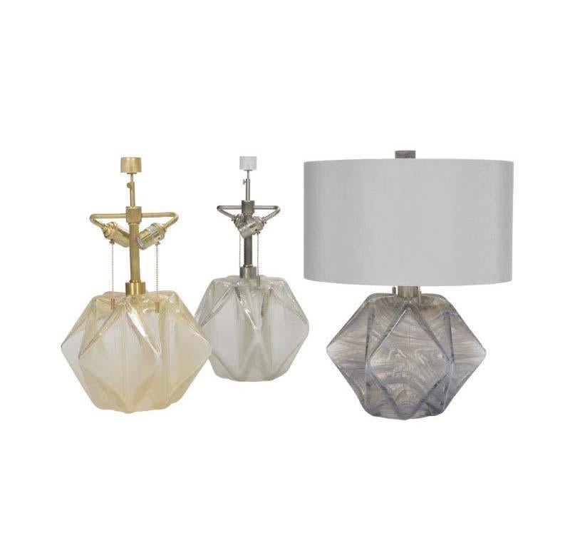 Italian Donghia Prong Lamp and Shade, Venetian Glass in Blue Agate with Nickel Hardware For Sale