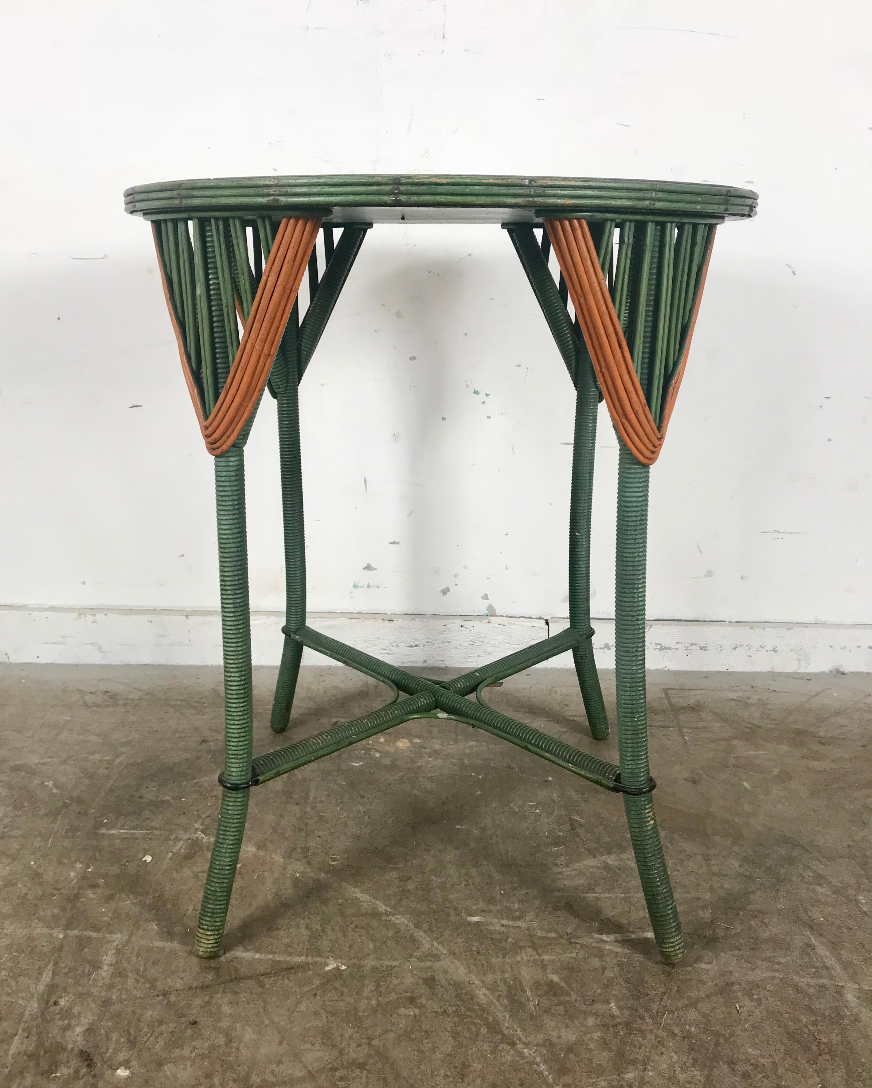 Painted Art Deco Split Reed Stick Wicker Lamp Table