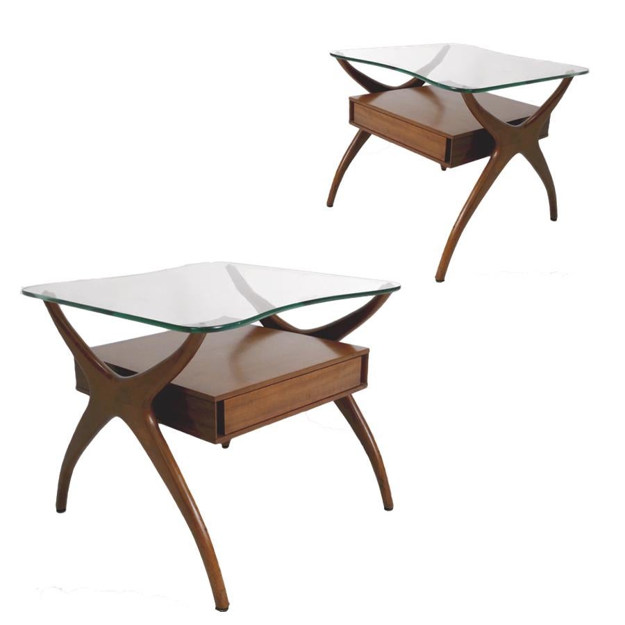 American Midcentury Pair of Sculptural Walnut and Glass End Tables