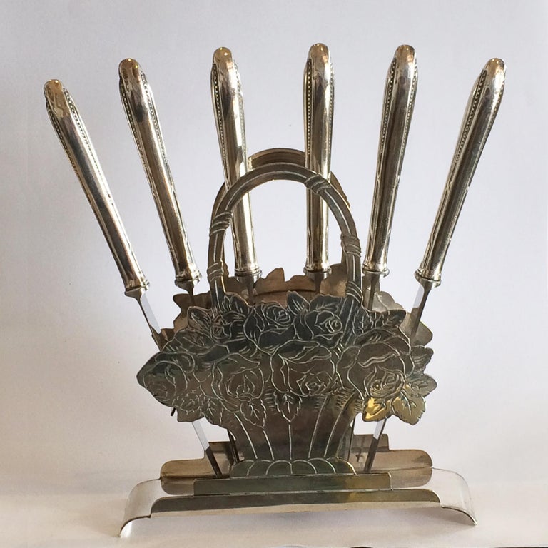 Art Deco German Silver Plate Fruit Knives in Stand Holder For Sale at