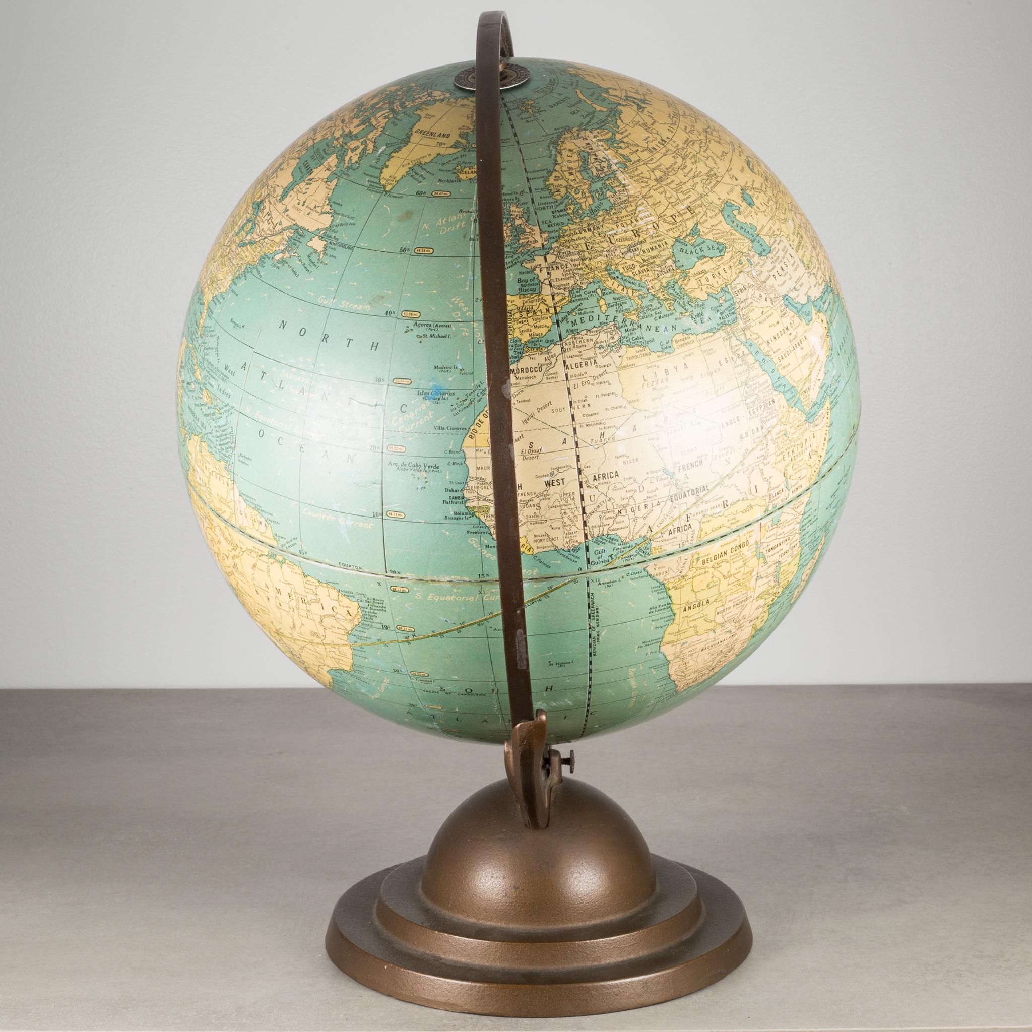 American 1920s Terrestrial Globe with Metal Bracket and Base