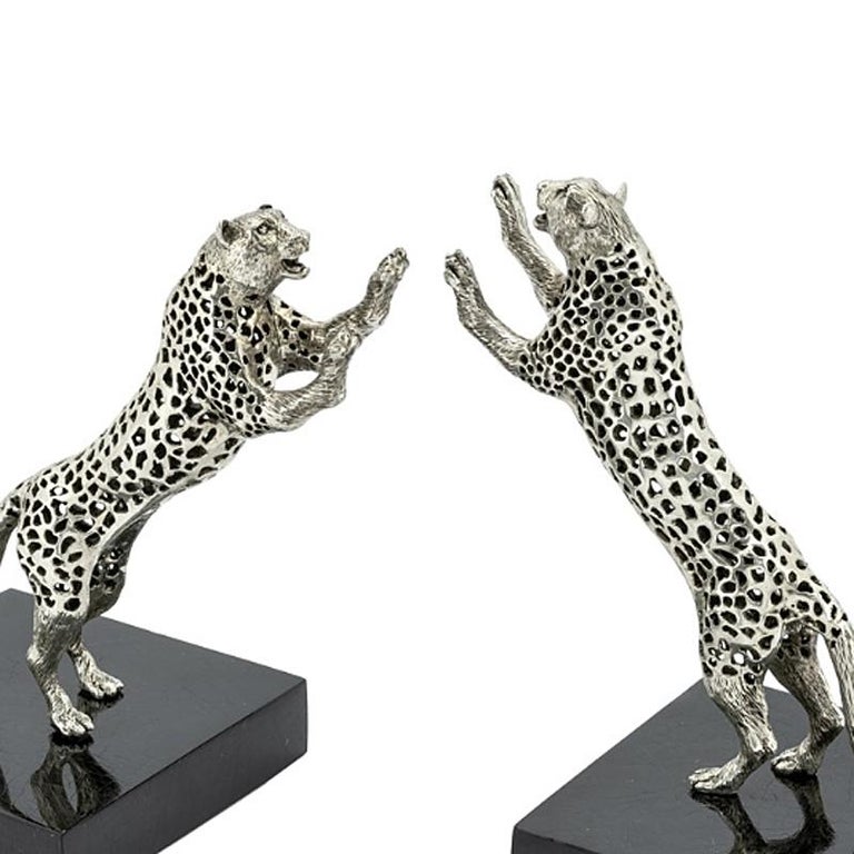Leopard Set of Two Bookend in Silver Plated Brass For Sale at 1stDibs