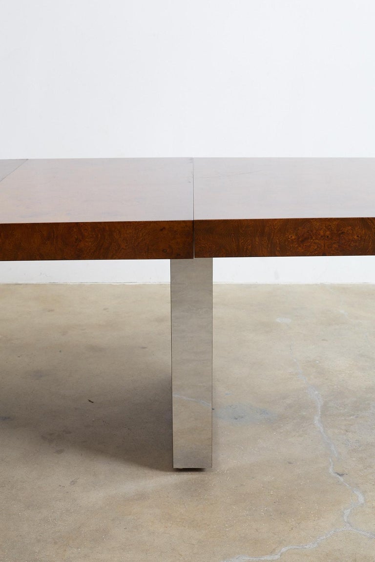 American Milo Baughman Burl Wood Chrome Extension Dining Table