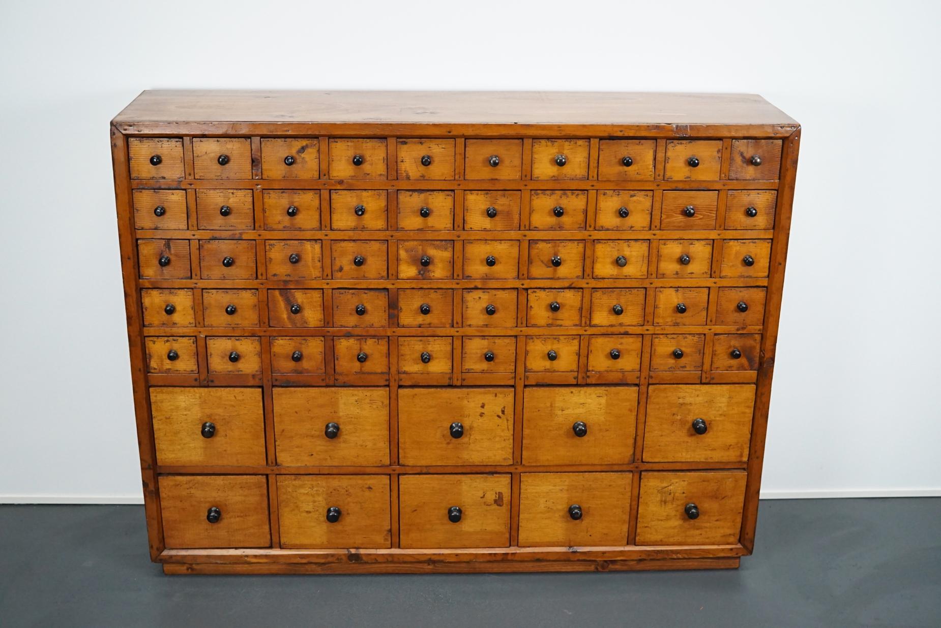 Industrial Dutch Pine Apothecary Cabinet or Bank of Drawers, 1940s