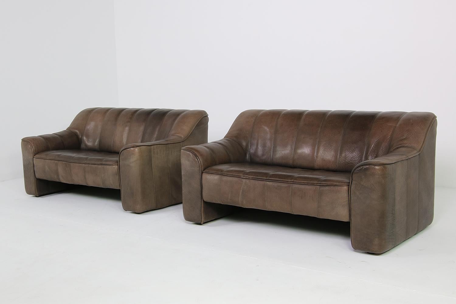 Swiss Pair of 1970s Vintage De Sede DS 44 Two-Seat Buffalo Leather Sofas, Brown