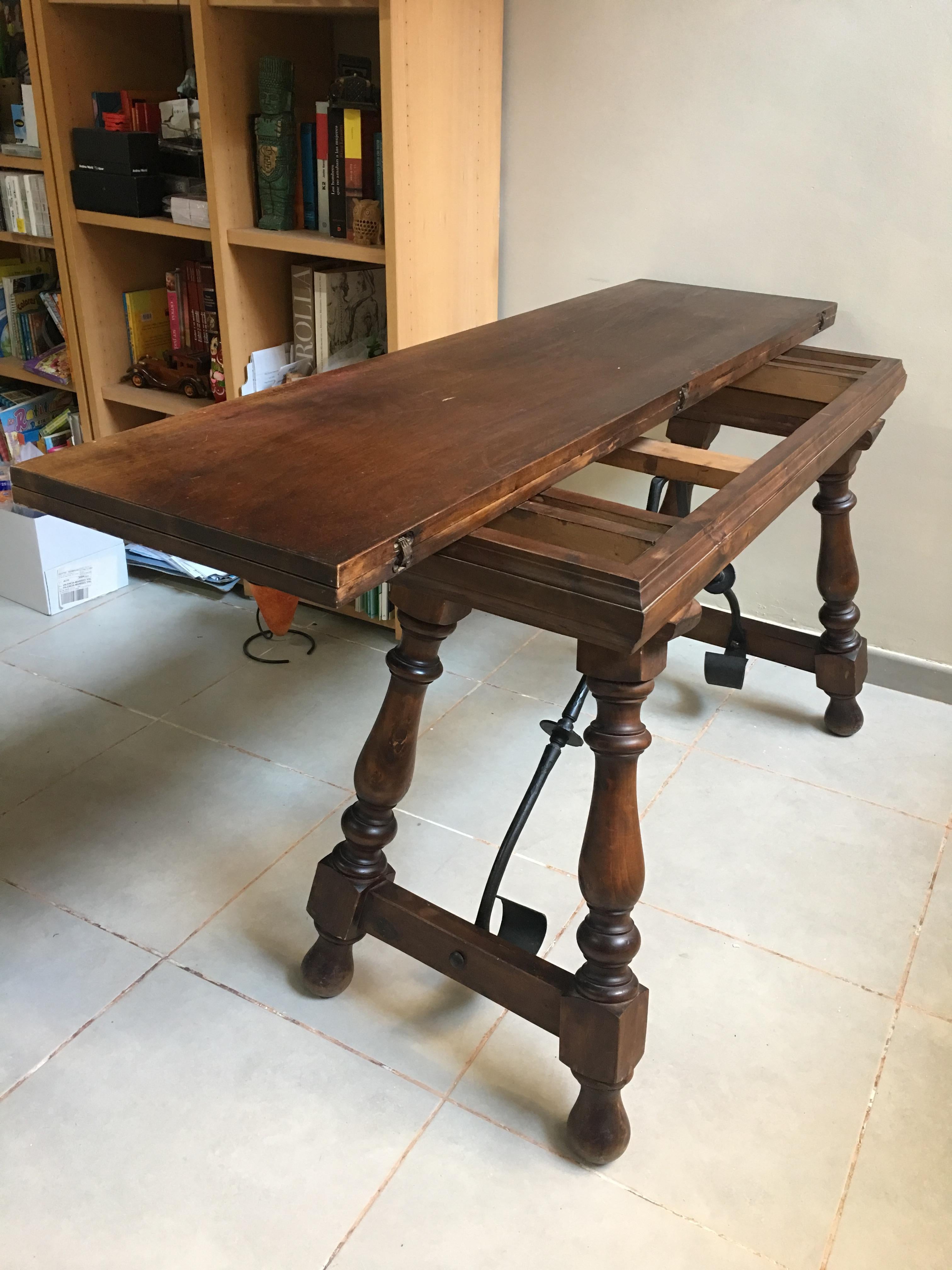 20th Century Spanish Console Fold Out Farm Table with Iron Stretcher In Excellent Condition In Miami, FL