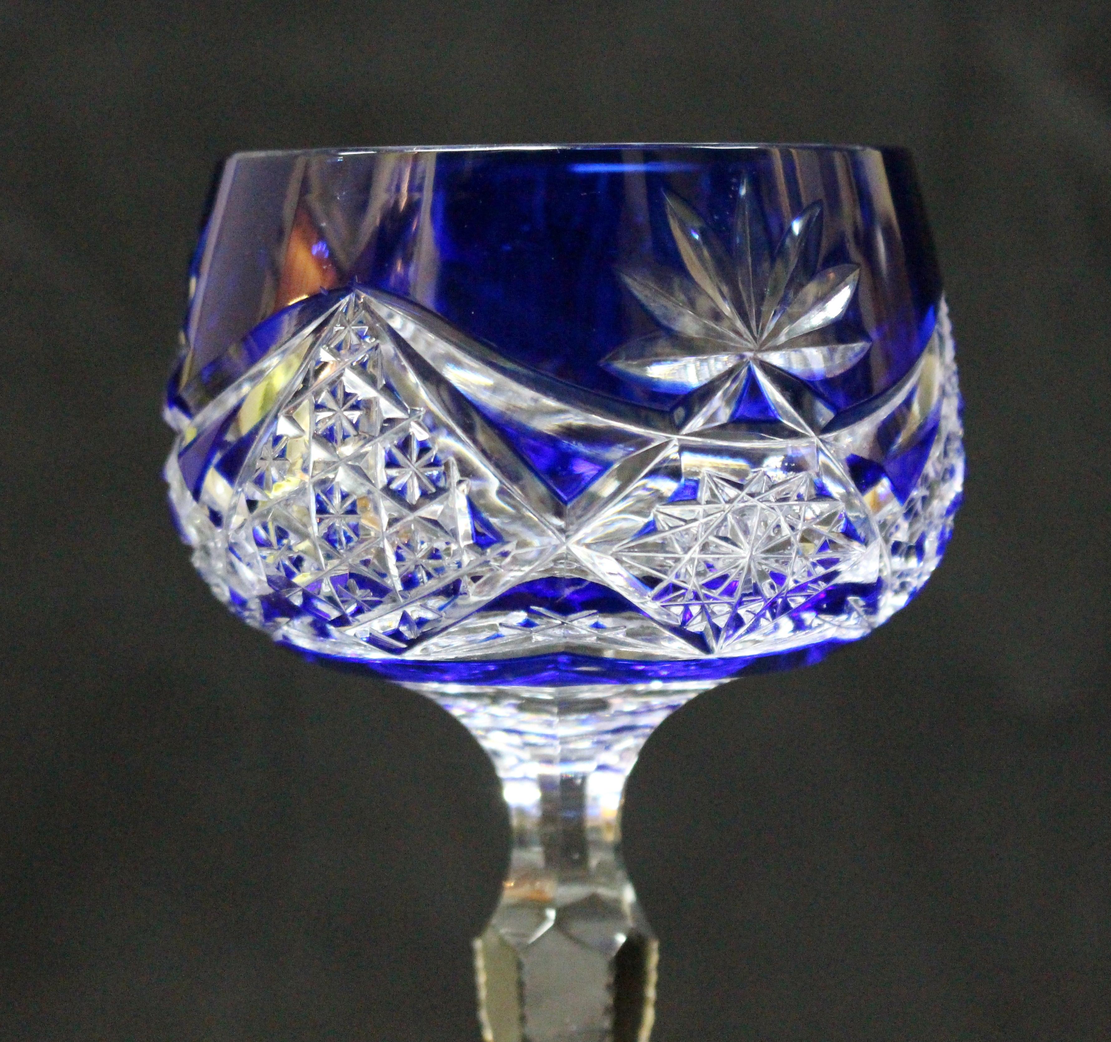 Set of Six Blue Overlay Crystal Hock Wine Glasses In Excellent Condition In Worcester, Worcestershire