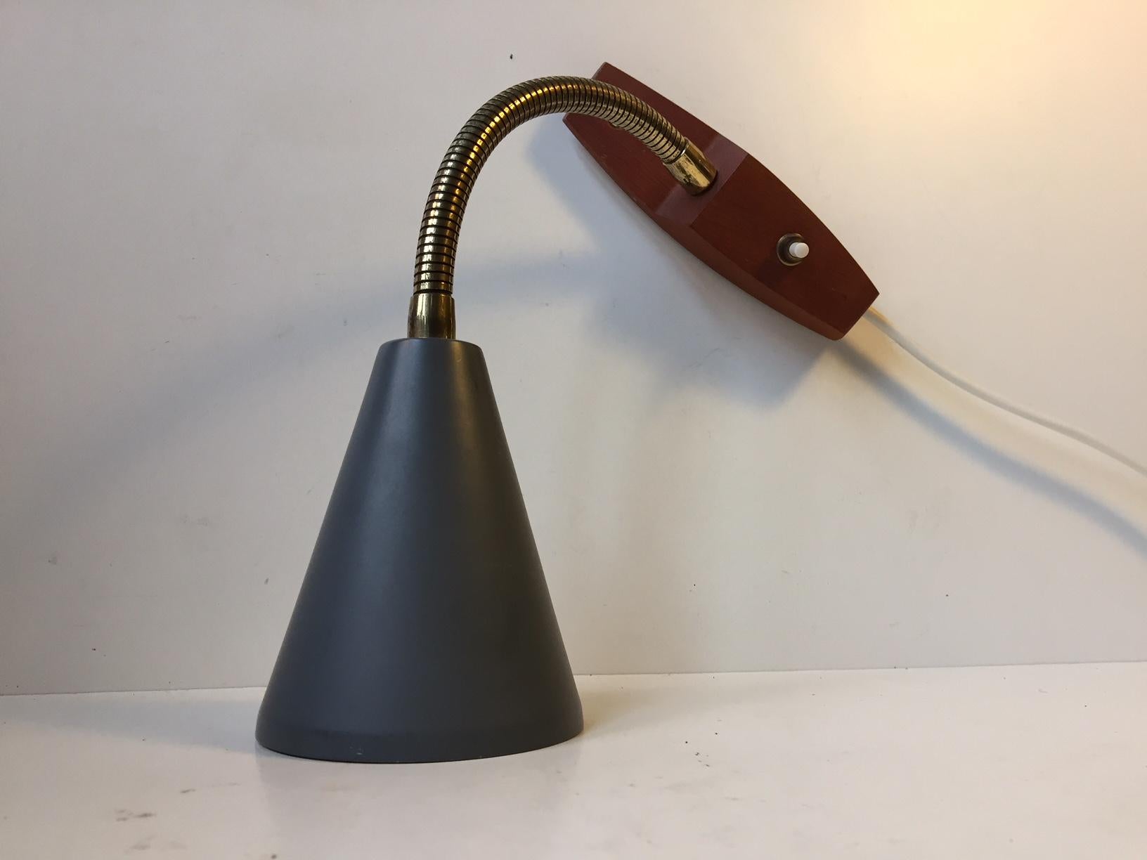 Danish Modern Grey Wall Lamp in Teak and Brass, 1950s In Good Condition In Esbjerg, DK