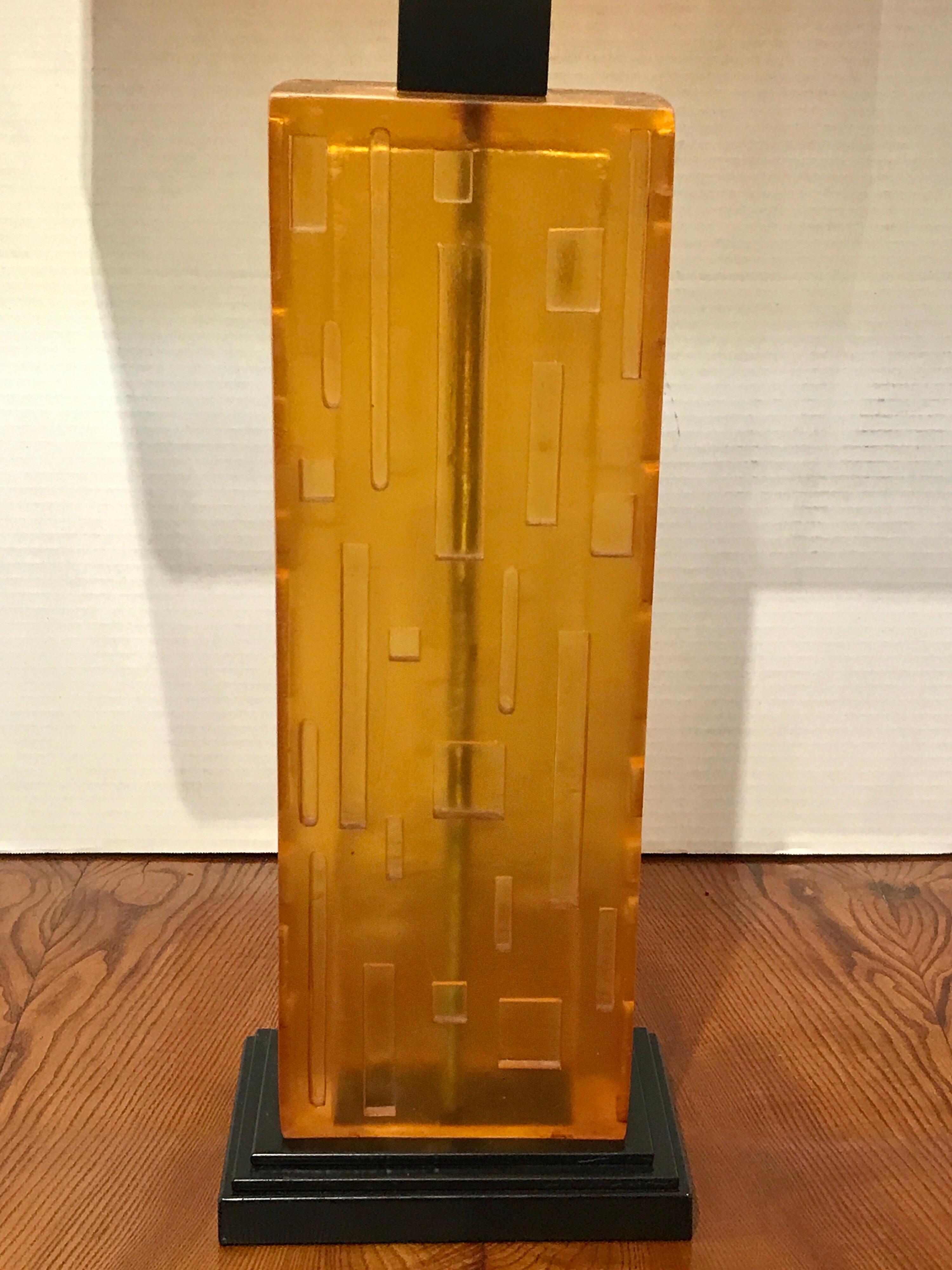 Mid-Century Modern Pair of Cityscape Citrine Lucite Lamps with Custom Shades For Sale