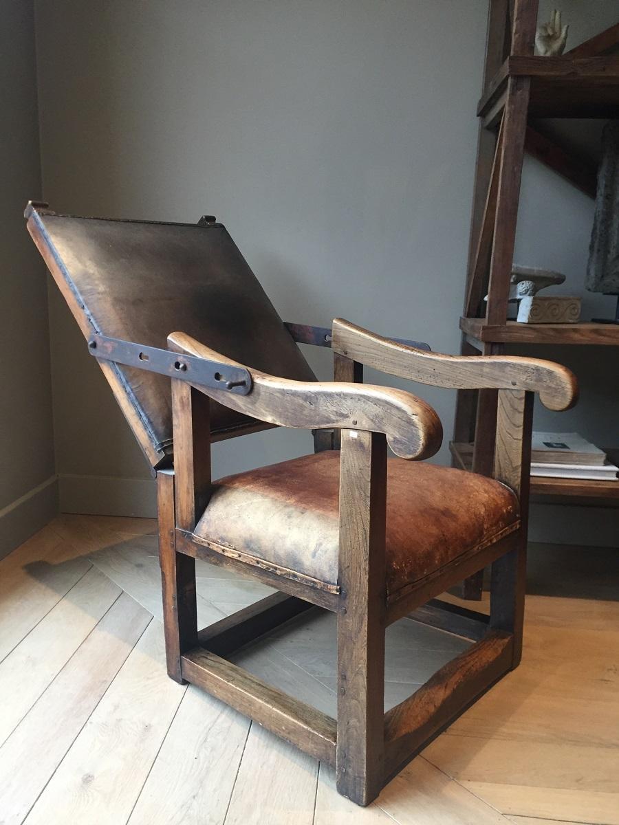 French 17th Century Reclining Armchair Leather