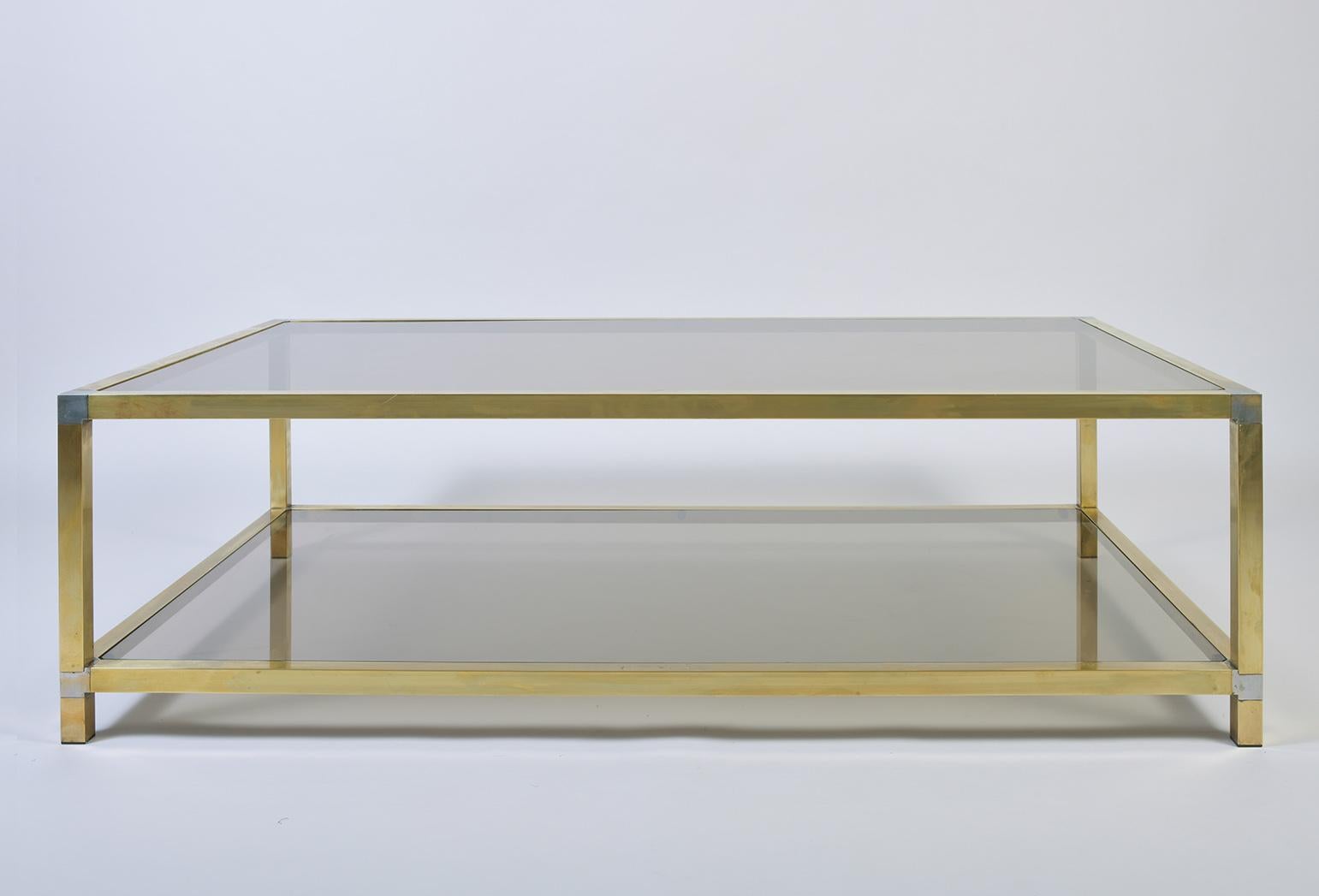 French Large 1970s Brass and Smoked Glass Two-Tiered Coffee Table