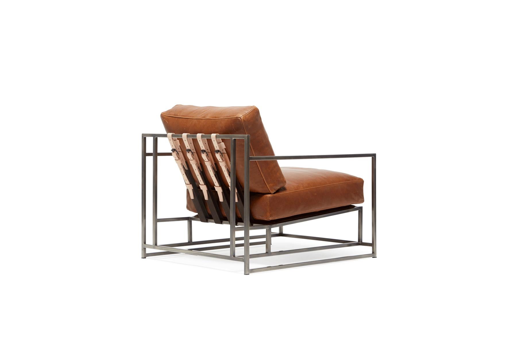 Modern Tan Leather and Antique Nickel Armchair For Sale