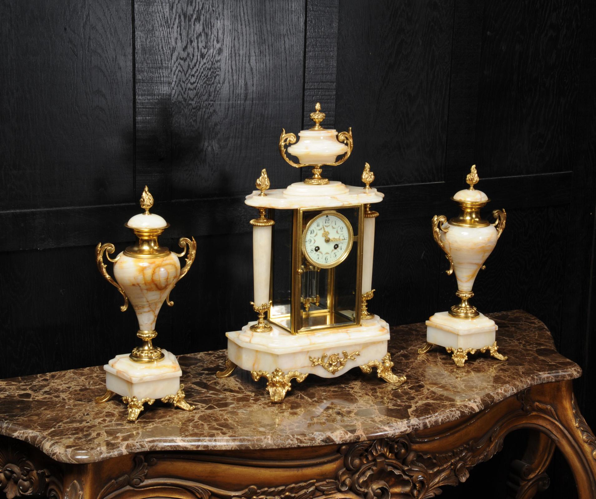 Louis XVI Antique French Four Glass Crystal Regulator Clock Set in Onyx and Ormolu