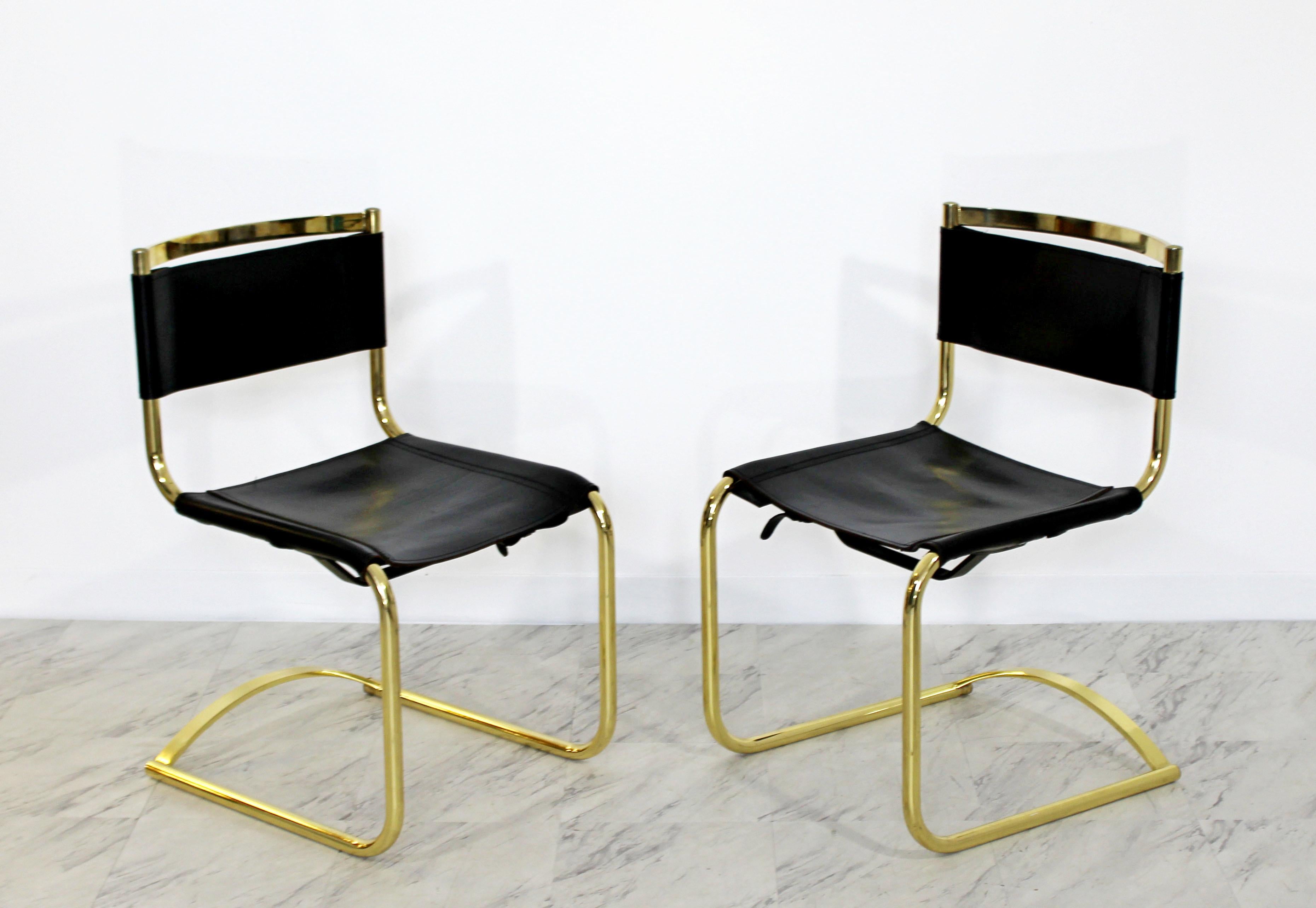 Mid-Century Modern 8 Brass Black Leather Side Dining Chairs Breuer Mies Era In Good Condition In Keego Harbor, MI