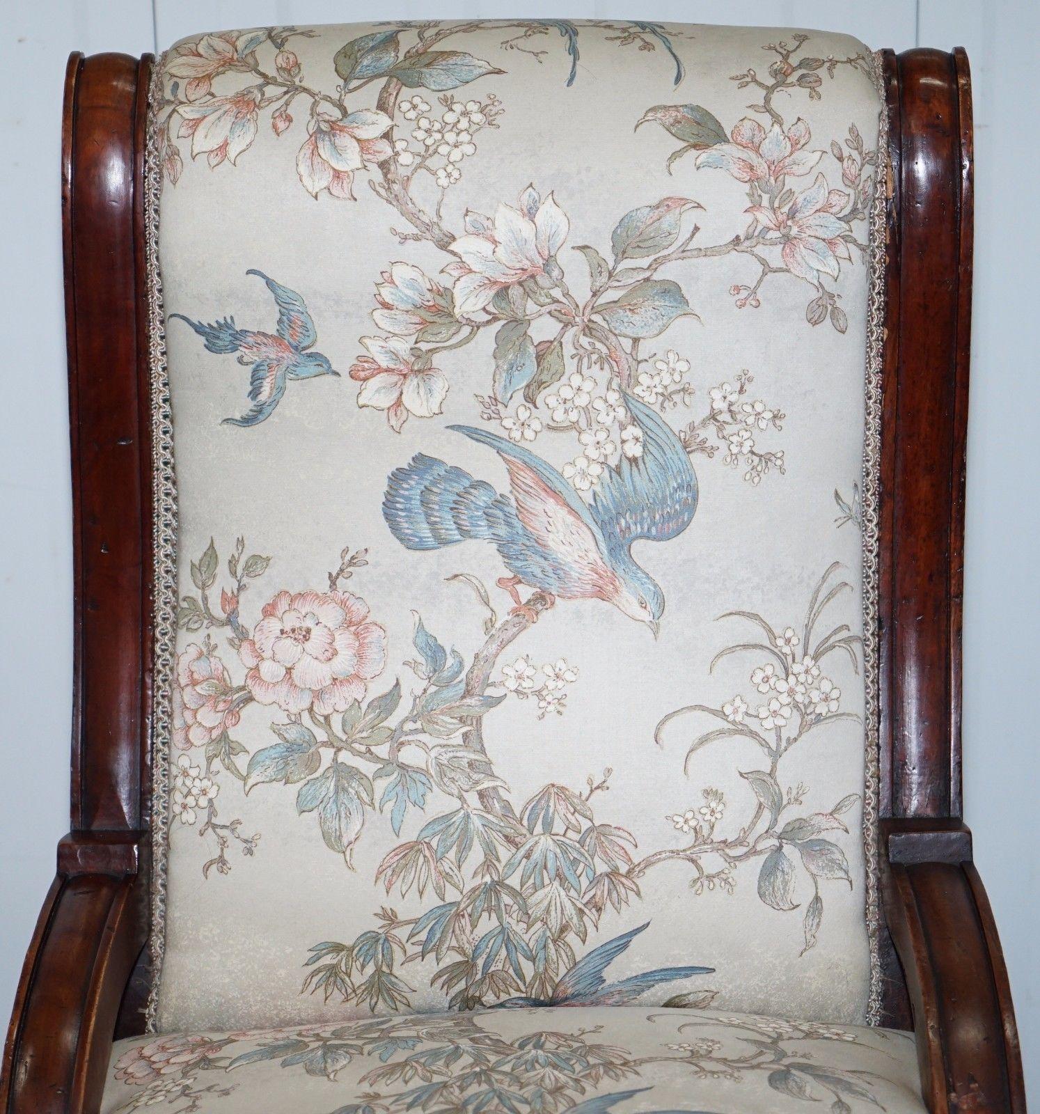 Hand-Crafted Victorian Mahogany Library Chair Part of Suite Satin Floral and Birds Upholstery