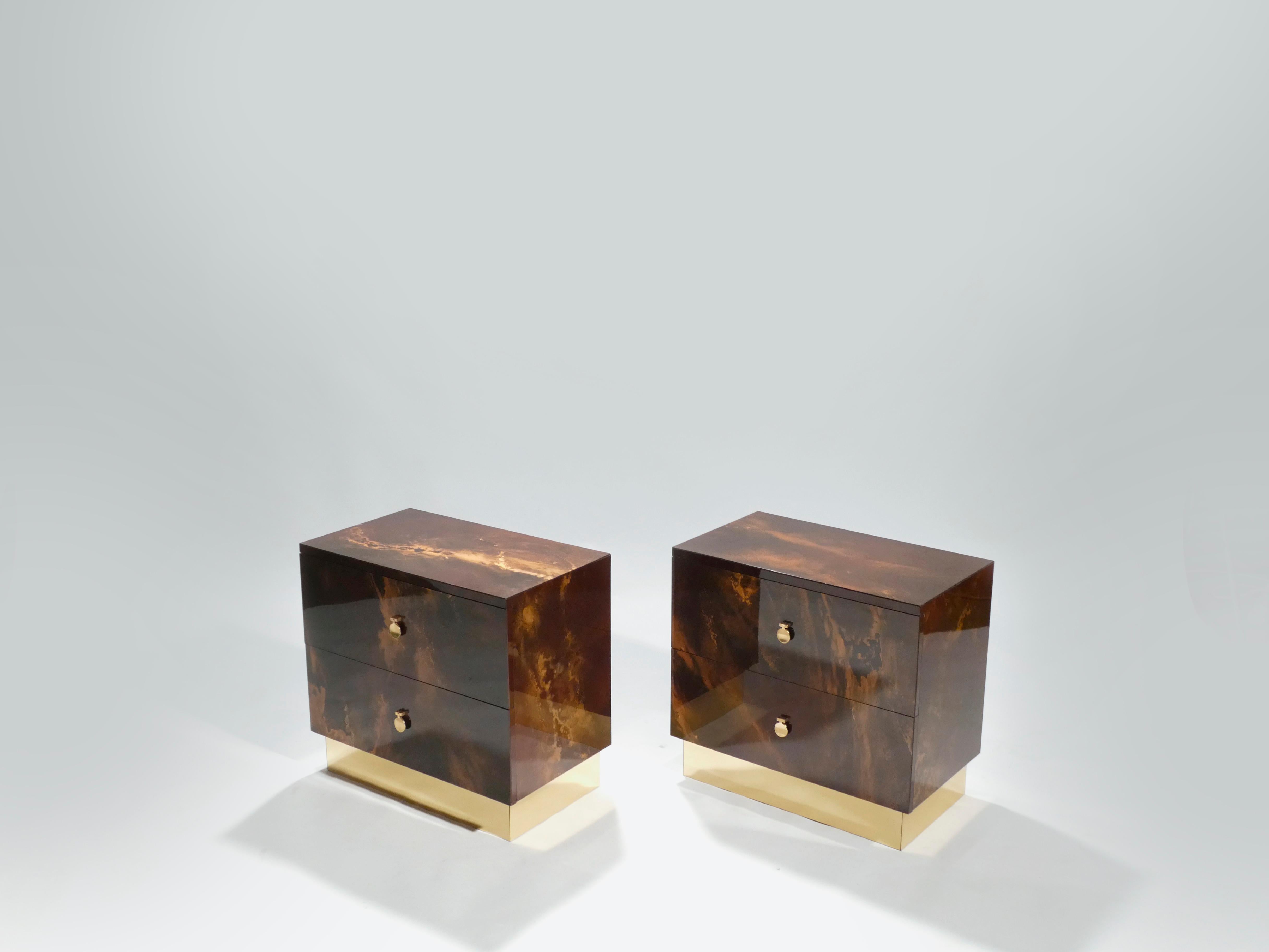 French Rare Golden Lacquer and Brass Maison Jansen End Tables, 1970s