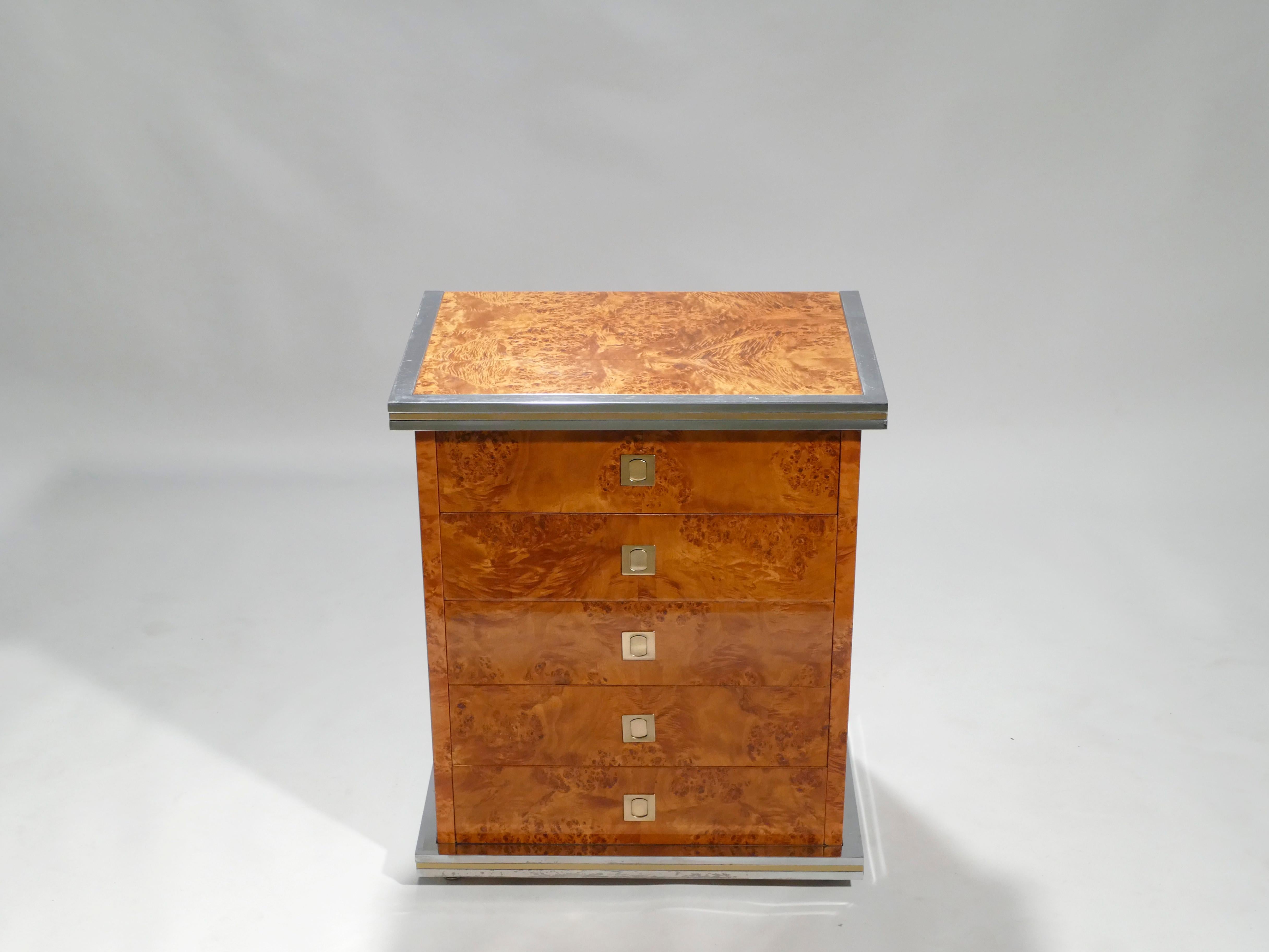 Italian Willy Rizzo Burl Brass Chest of Drawers, 1970s