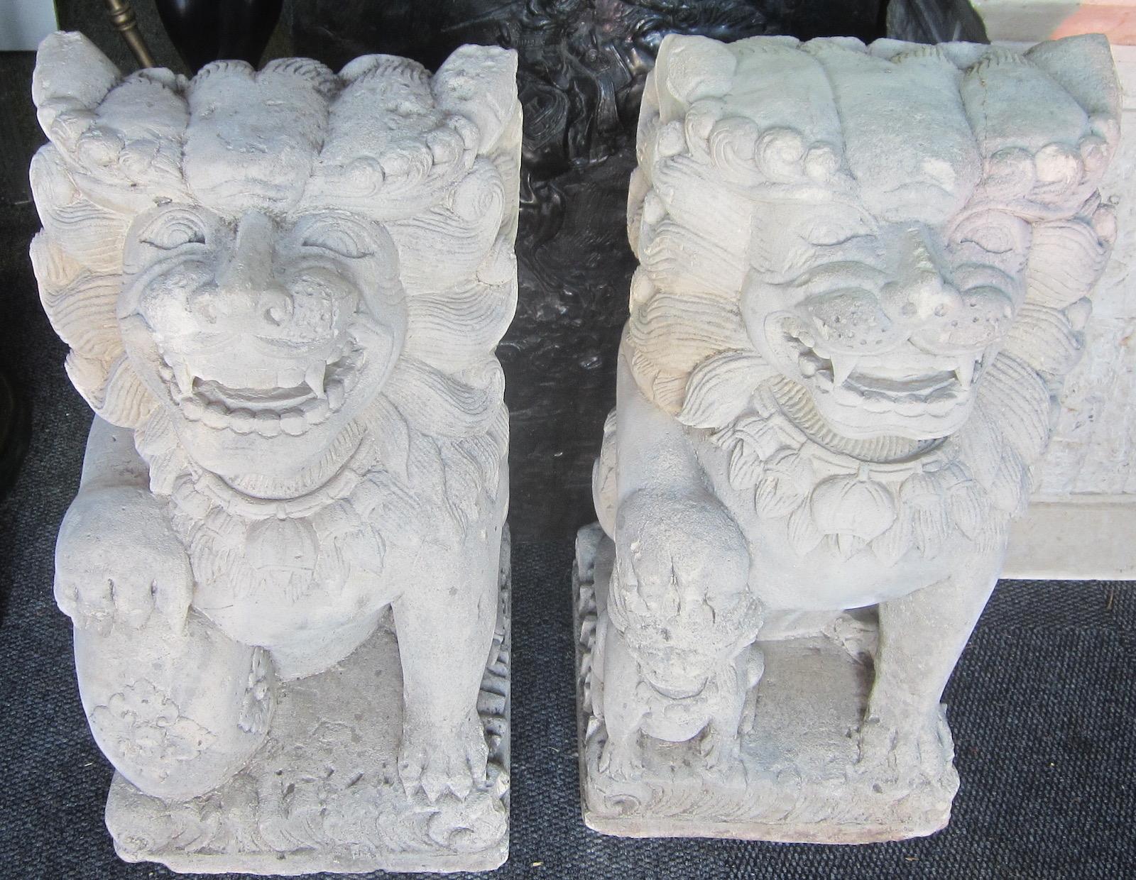 Hand-Carved Pair of Balinese Limestone Lion Foo Dog Statues