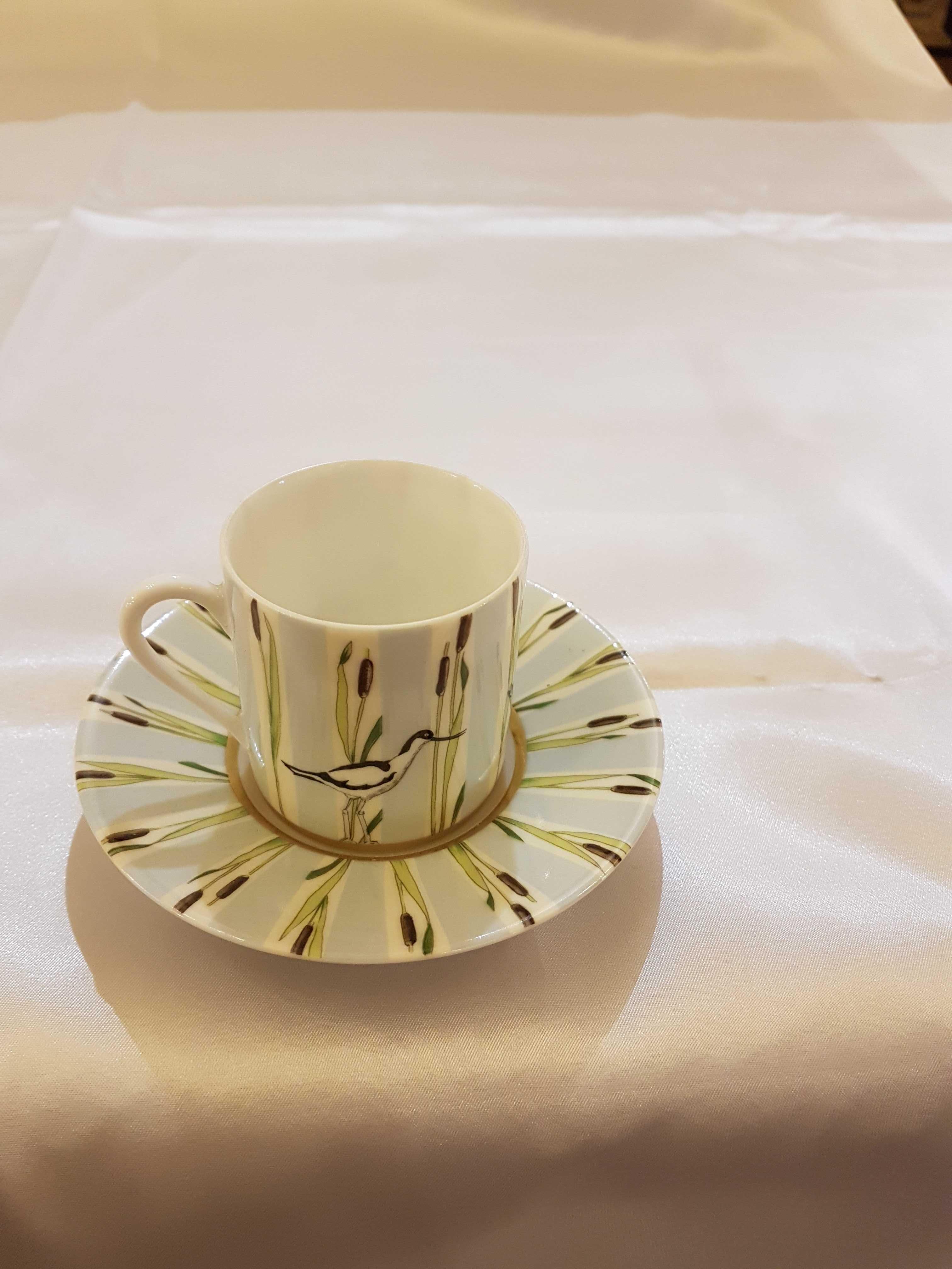 Painted Hermès Les Matin de l'Etang Porcelain Set of Six Coffee Cups, France, Modern