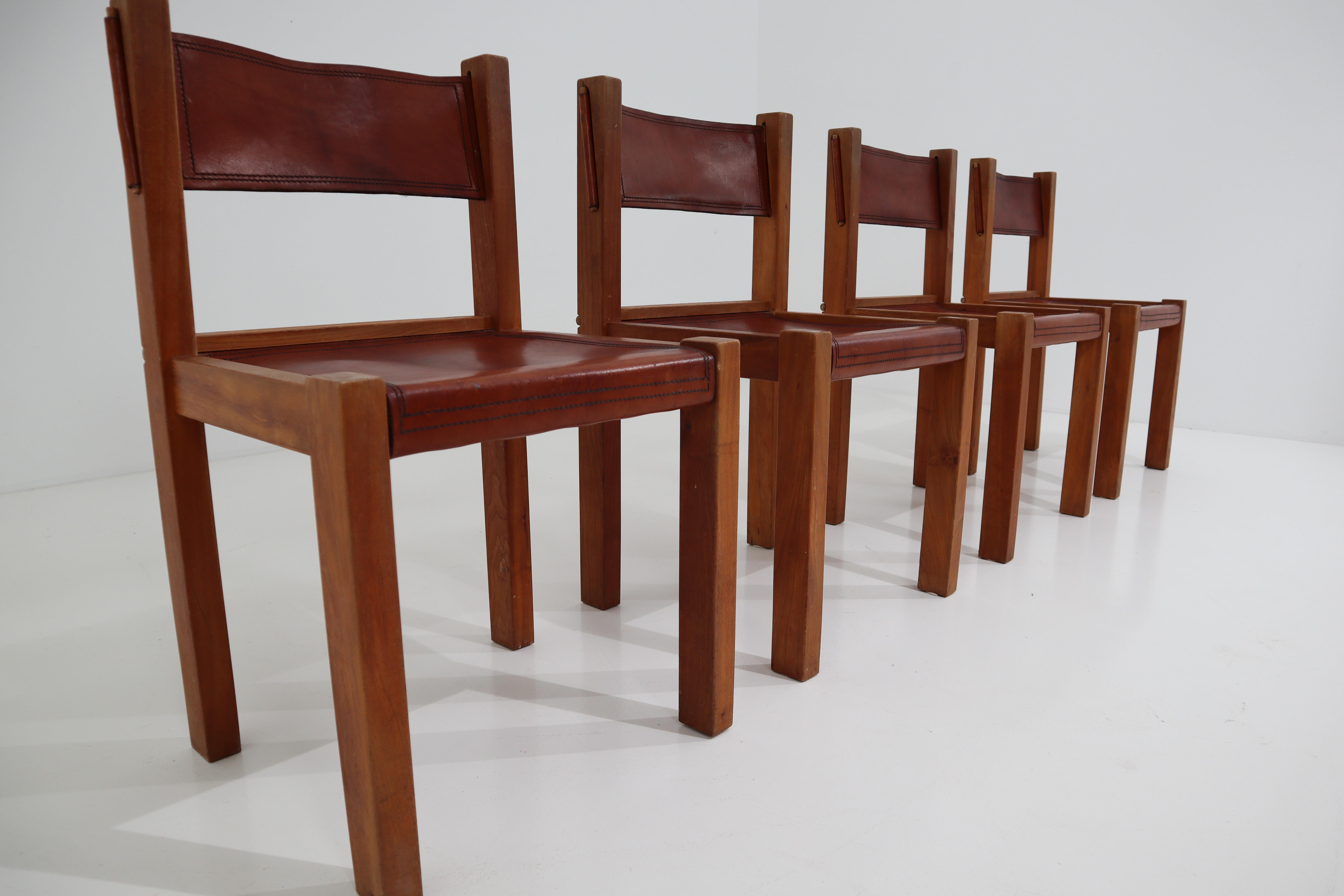 French Four Midcentury Wood and Leather Dining Chairs