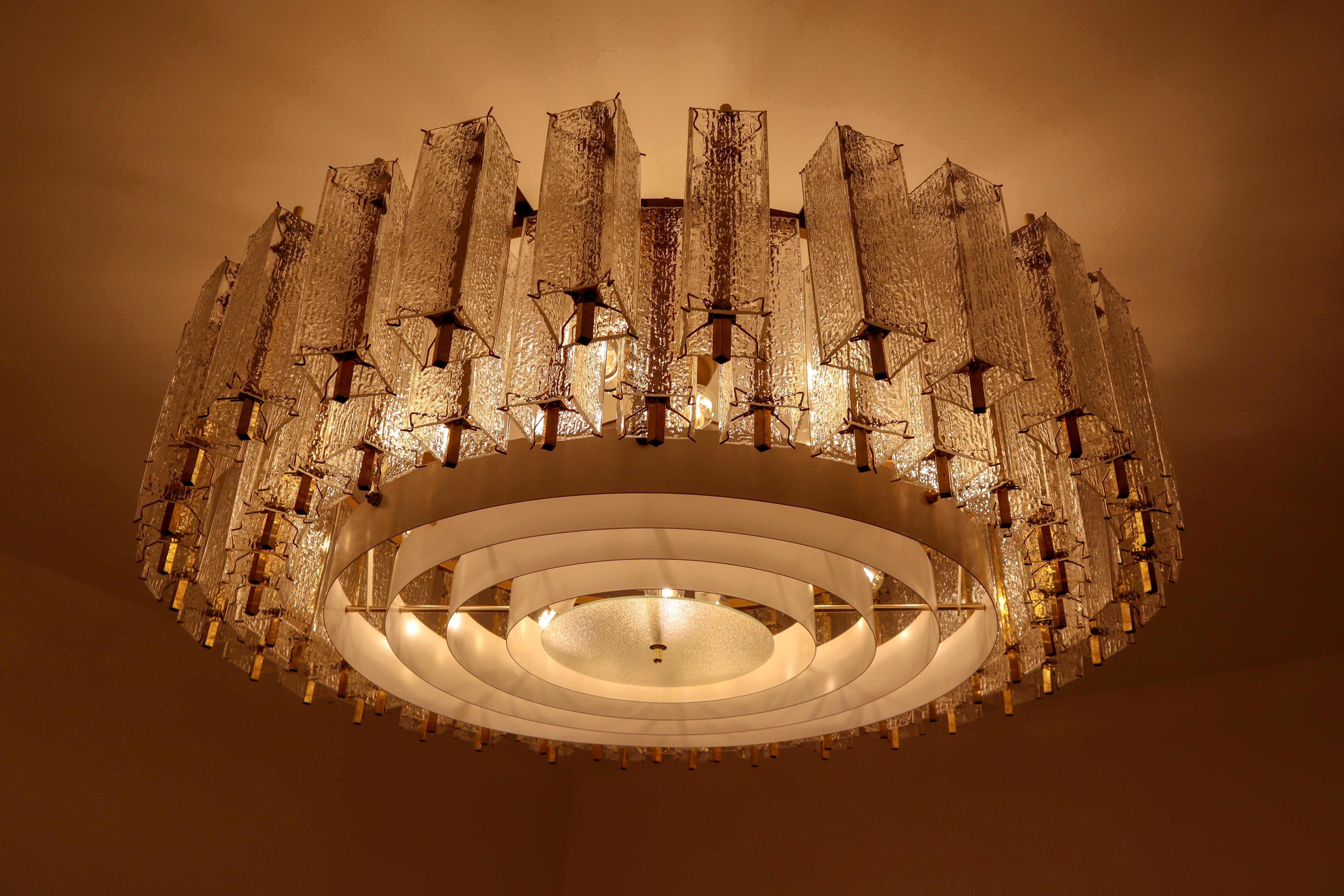 European Three Extra Large Midcentury Chandeliers in Structured Glass and Brass, Europe