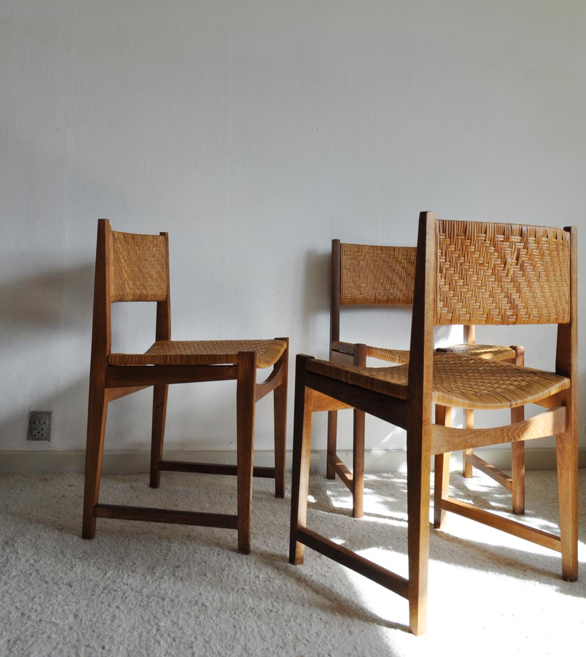 Danish Oak and Cane Dining Chairs designed by Peter Hvidt & Orla Mølgaard-Nielsen For Sale