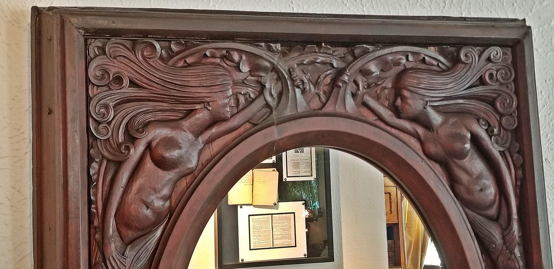 Art Nouveau 19th Century American Dark Walnut Wall Mirror with Mermaids