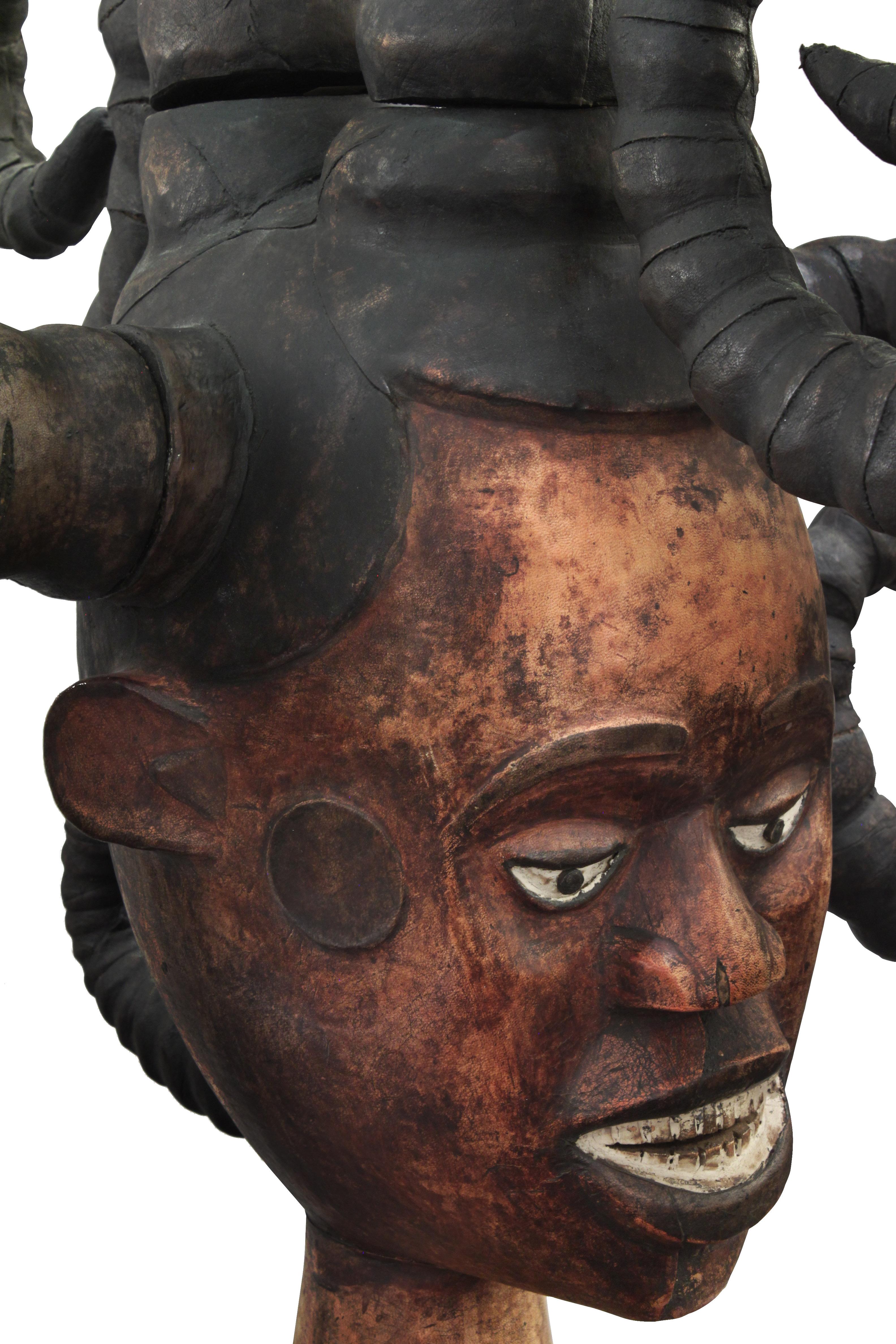 Nigerian Karl Springer Hand-Carved African Sculpture on Custom Suede Base, 1980s