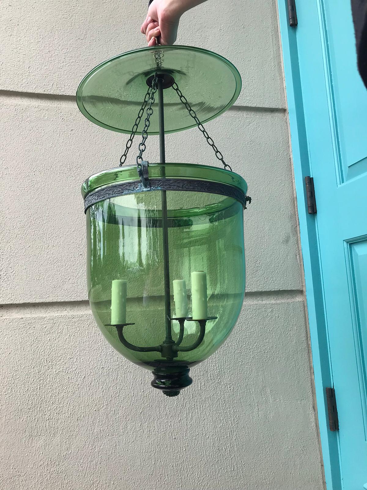 Glass Rare Pair of Green 19th Century George I Style English Hanging Bell Jar Lanterns