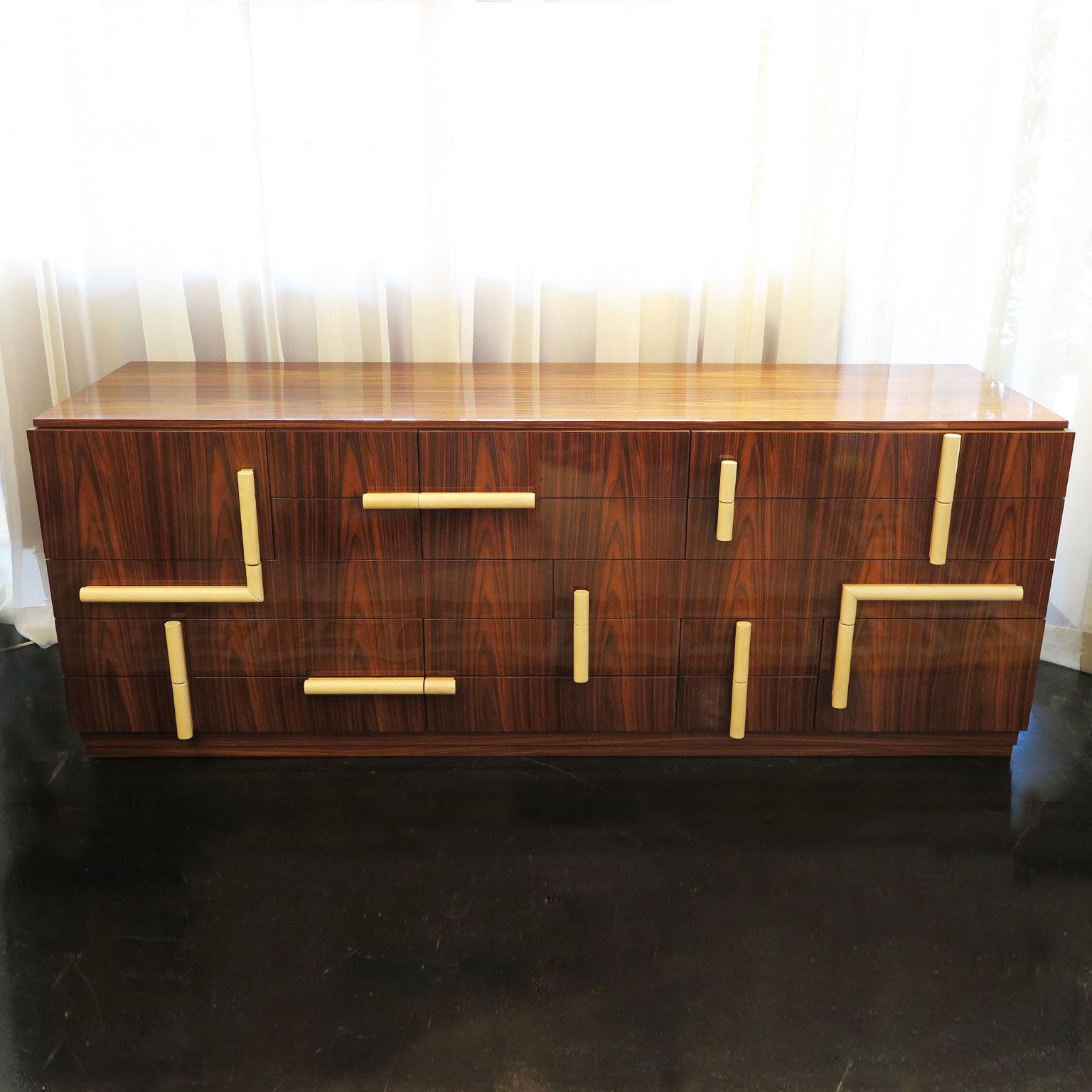 Mid-Century Modern Puzzle Sideboard in Rosewood with Parchment Handles In Good Condition In Los Angeles, CA