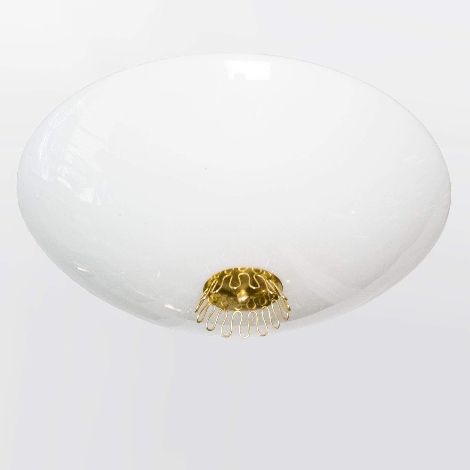 20th Century Scandinavian Modern Idman Oy Opal Glass and Brass Flush-Mount