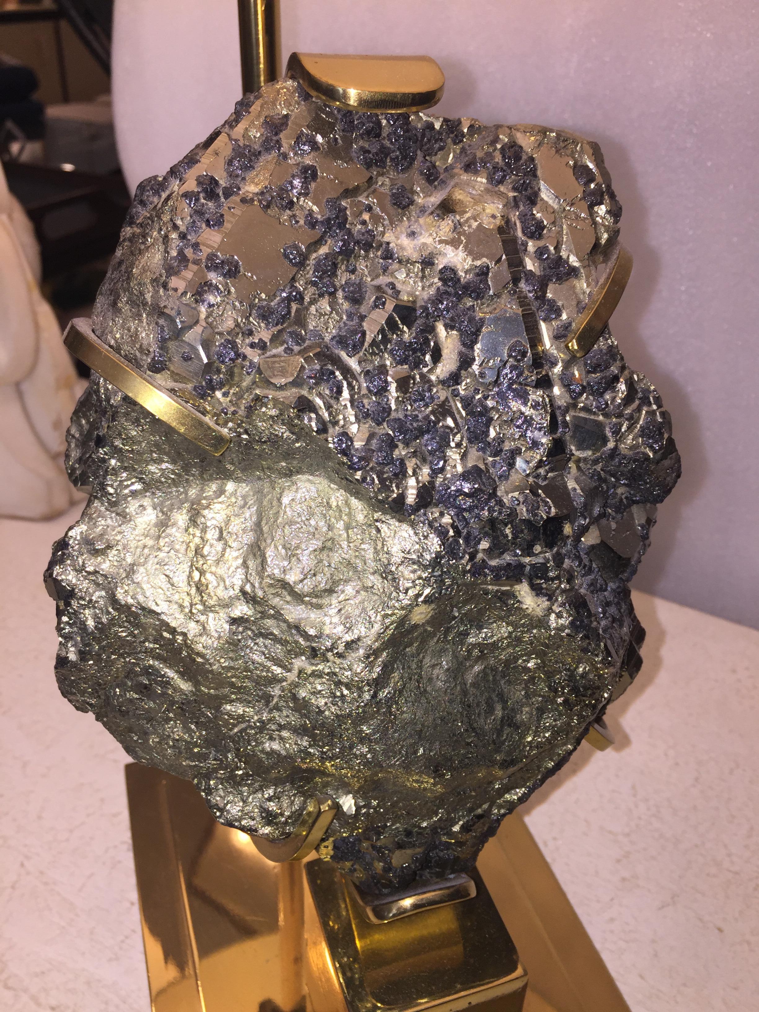 French Mounted Pyrite Specimen Lamp with Brass Base In Good Condition For Sale In East Hampton, NY