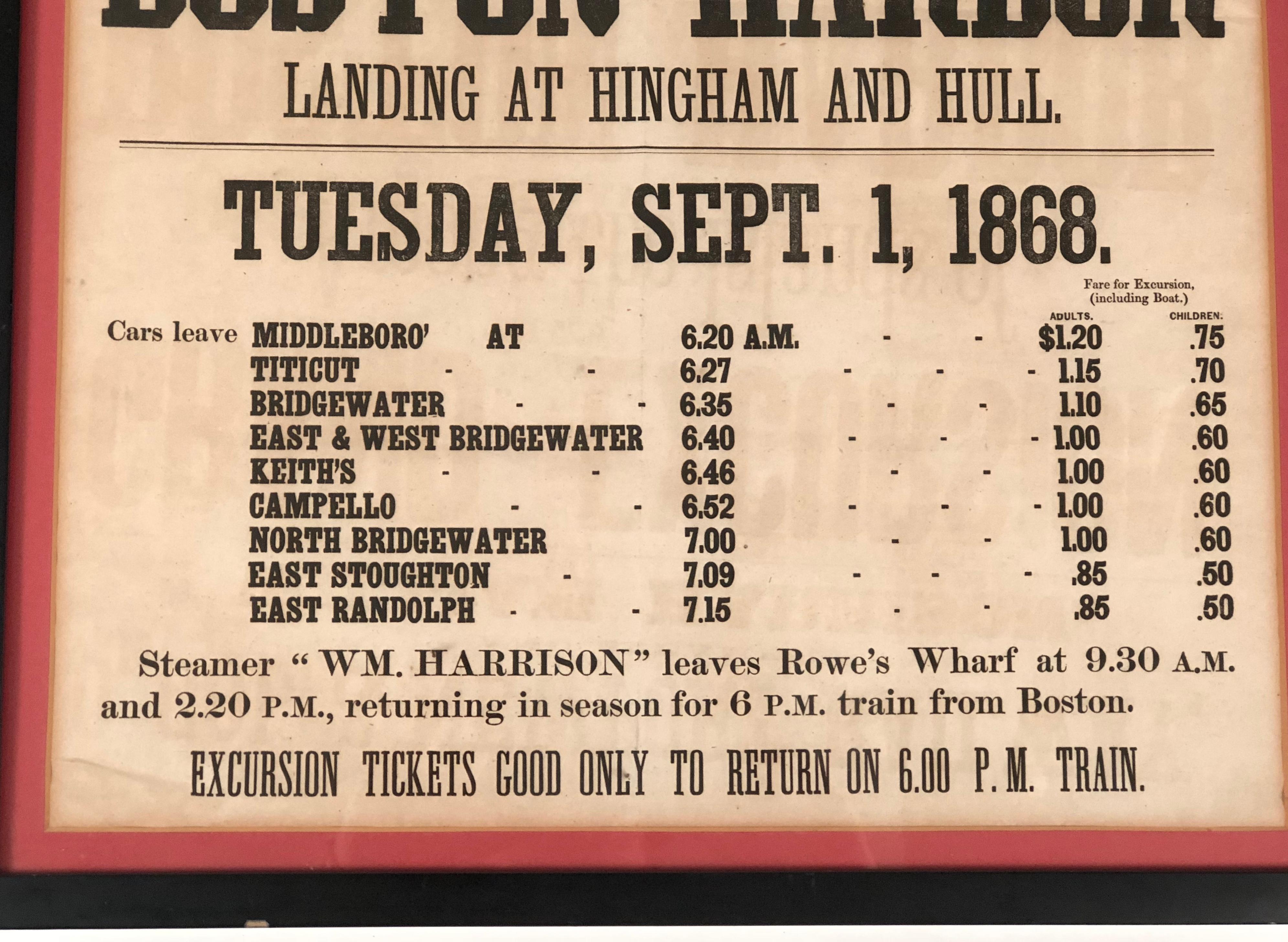 American 1868 Boston Harbor Island Cruise Broadside Poster