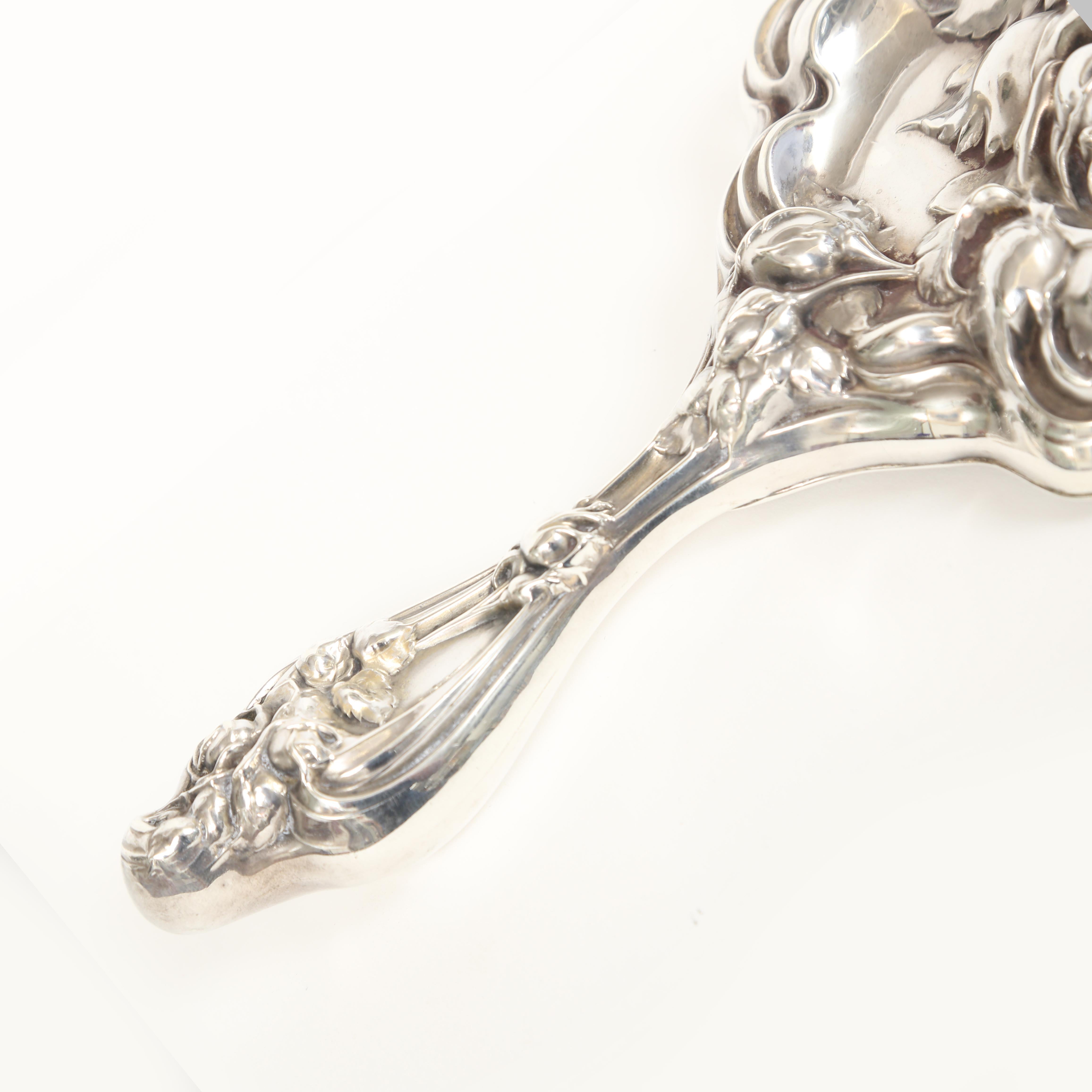 American Shiebler Art Nouveau Sterling Silver Rose Pattern Hand Mirror