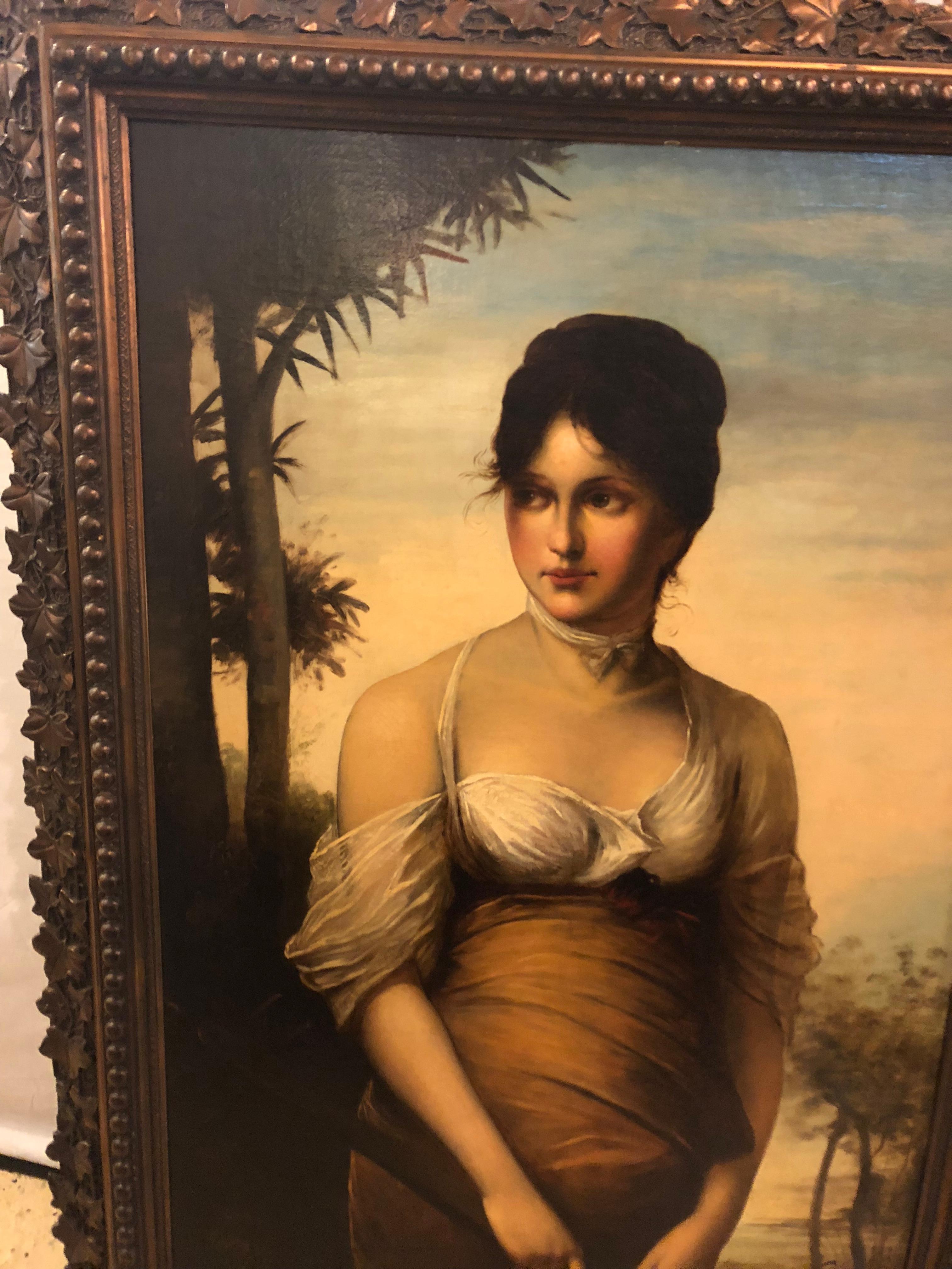 19th Century Oil on Canvas, a Portrait Beautiful Maiden, Signed A. Zienert In Good Condition In Stamford, CT