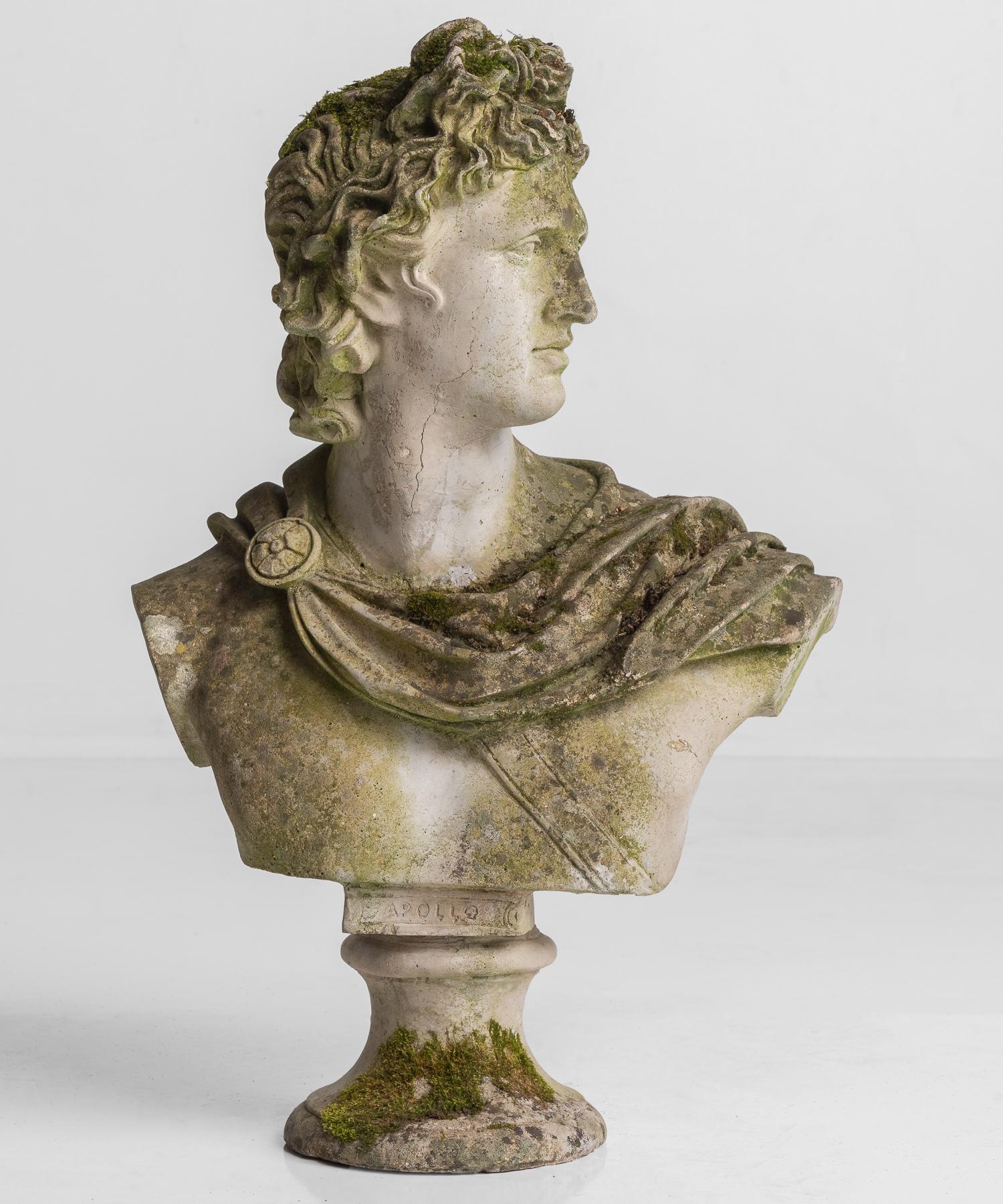 French Weathered Garden Bust after Apollo Belvedere, circa 1940