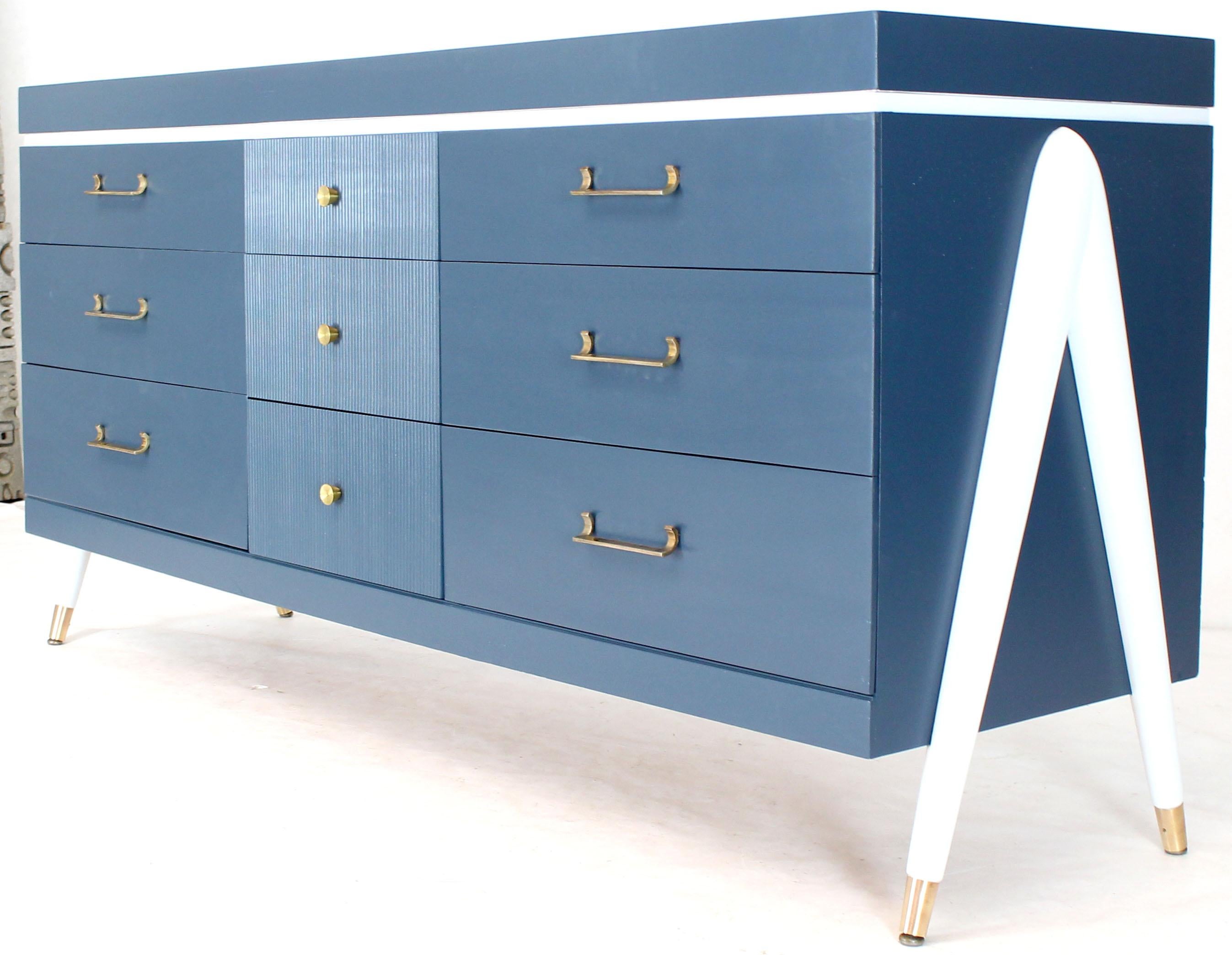 American White and Blue Exposed Sculptural Compass Shape Legs Nine Drawers Dresser