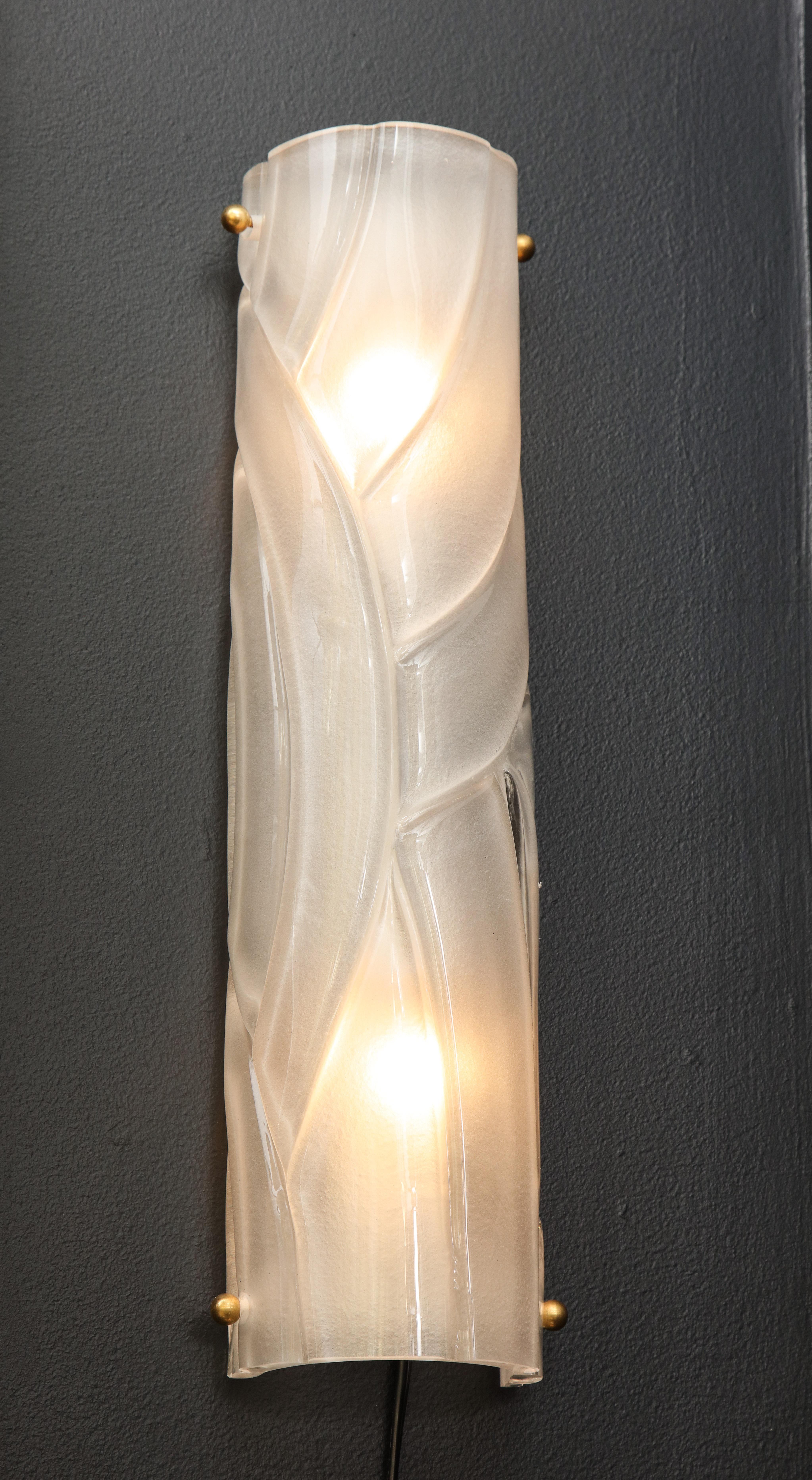 Hand-Crafted Slender Pair of Translucent White Textured Murano Glass and Brass Sconces, Italy