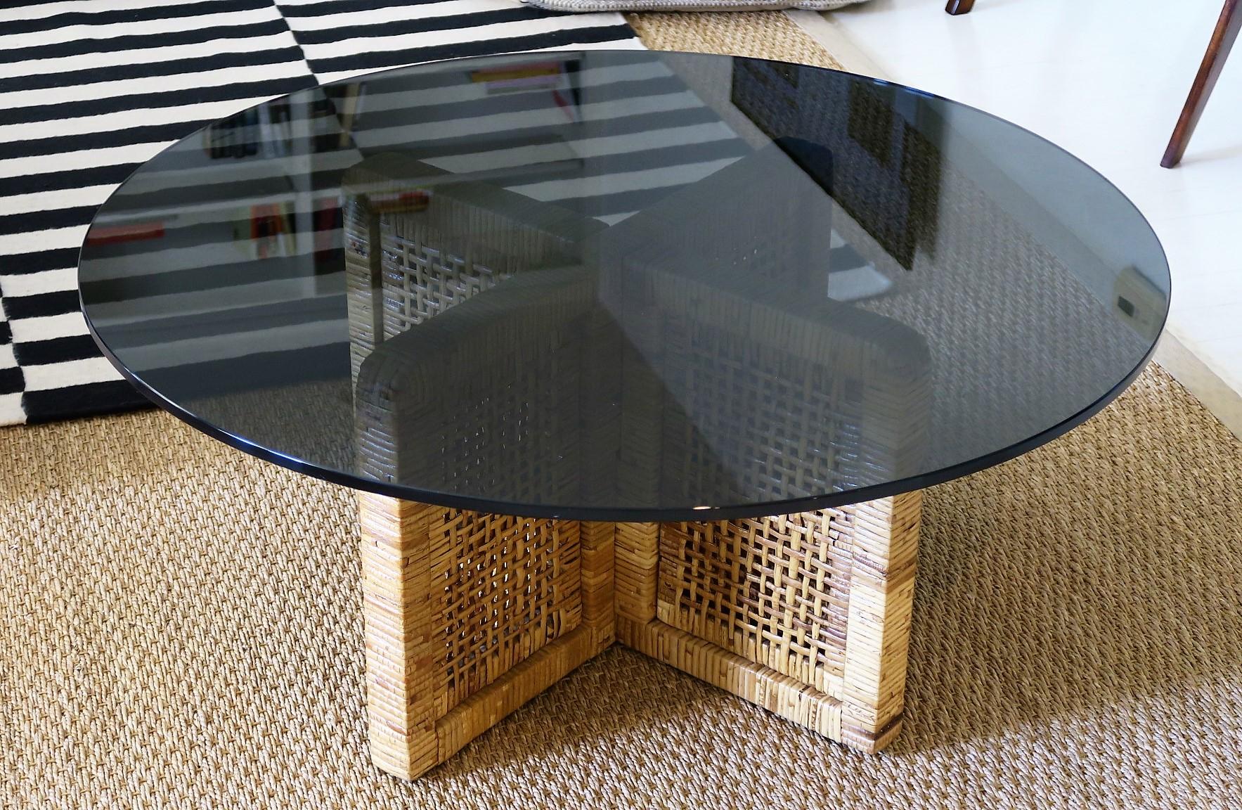 Mid-Century Modern Woven Bamboo/Rattan Round Coffee Table, Smoked Glass Top, Italy, 1960s