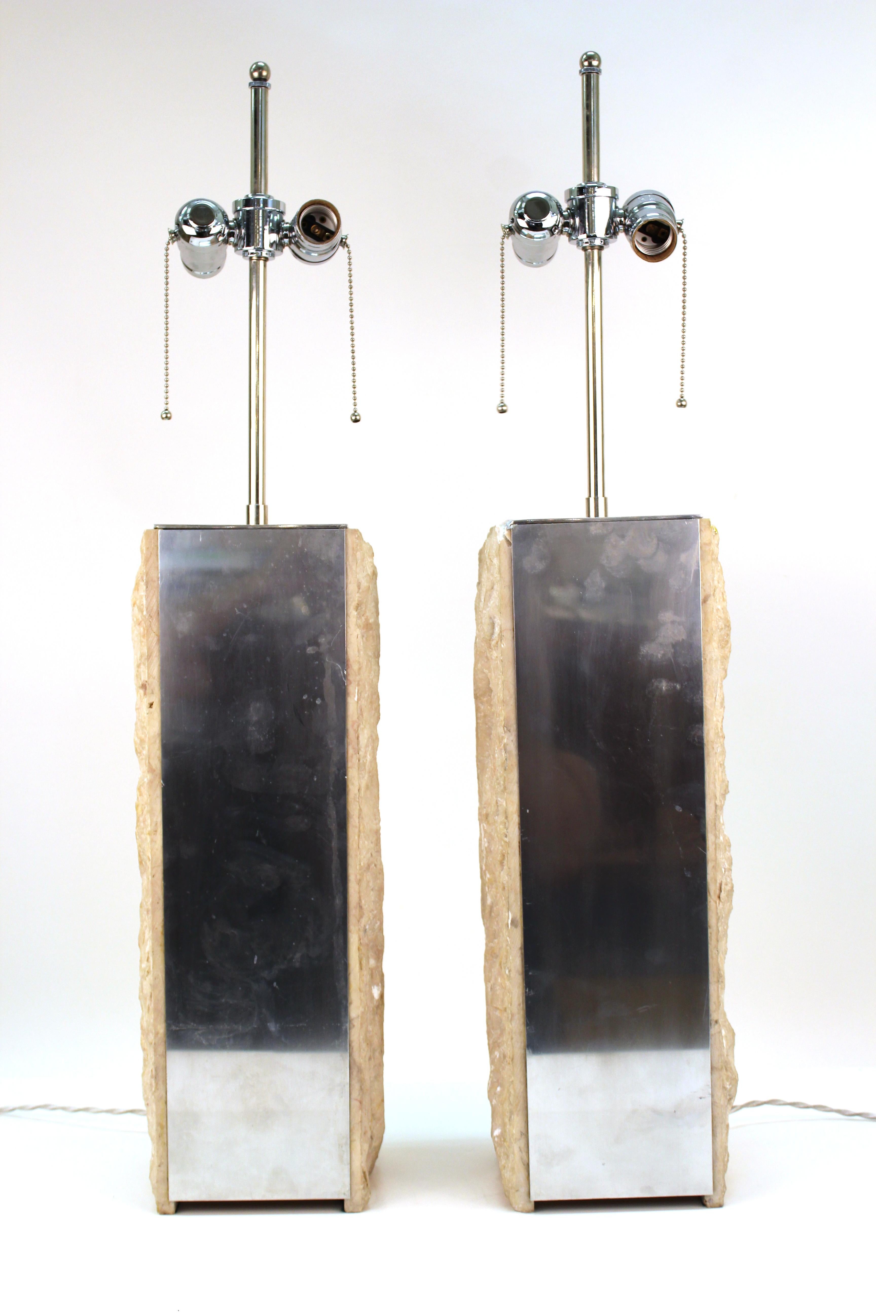 Modern Brutalist Style Table Lamps in Metal and Stone In Good Condition In New York, NY