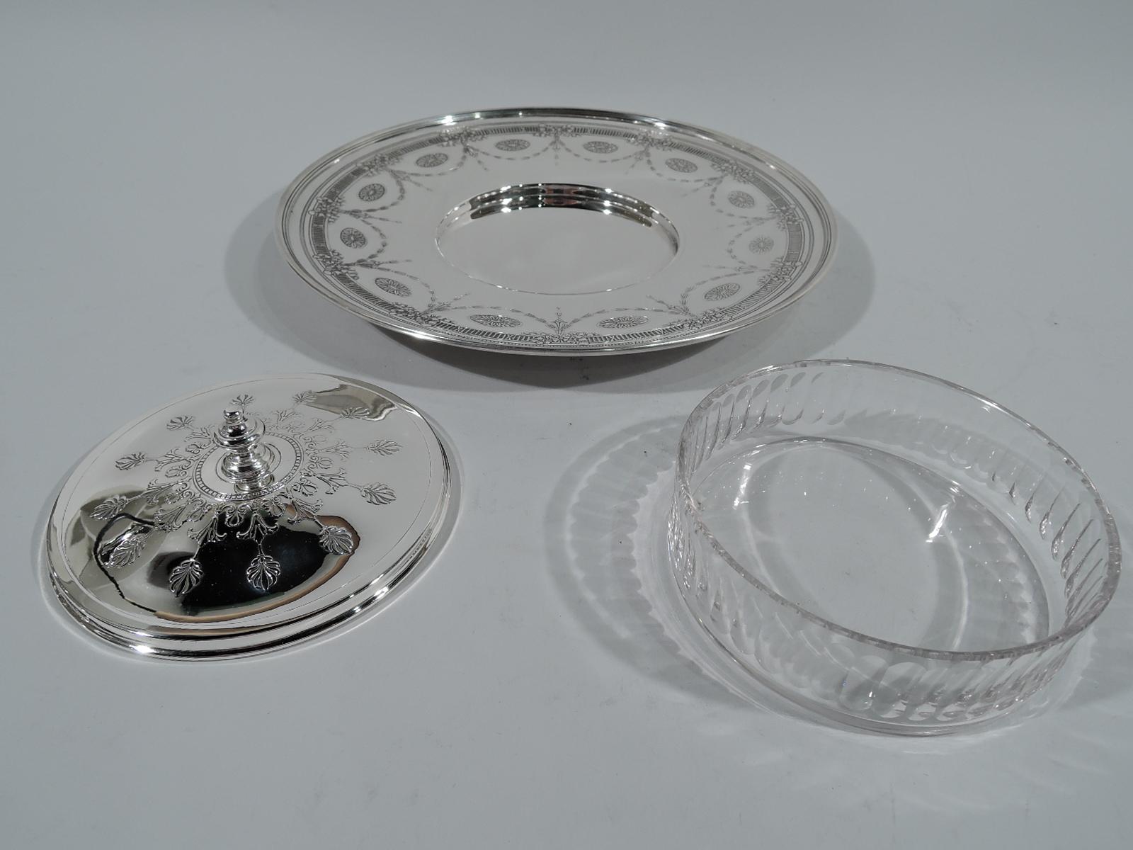Antique Tiffany Edwardian Sterling Silver and Glass Caviar Dish on Stand In Excellent Condition In New York, NY