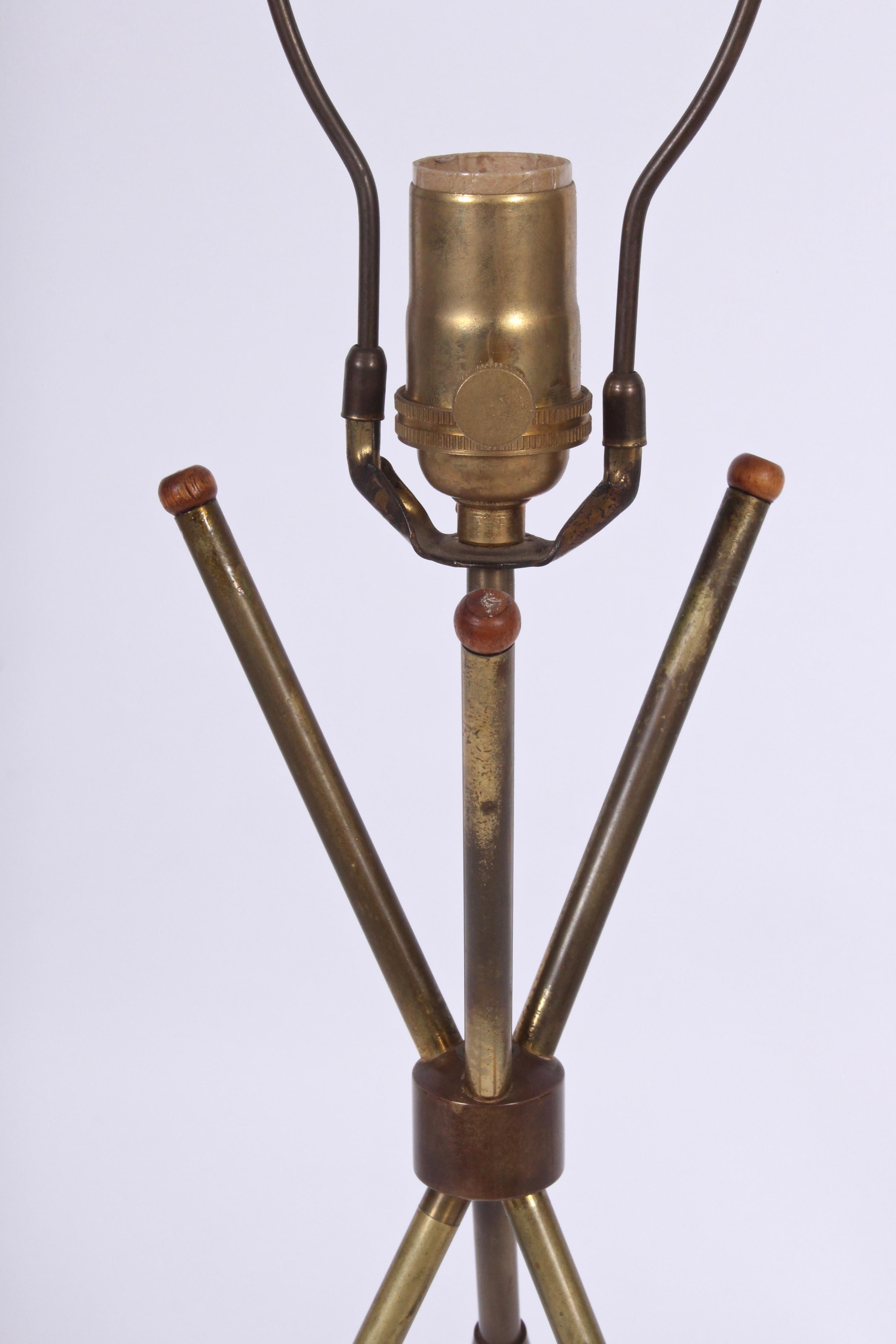 Mid-Century Modern Gerald Thurston for Lightolier Brass and Walnut Tripod Table Lamp, circa 1960