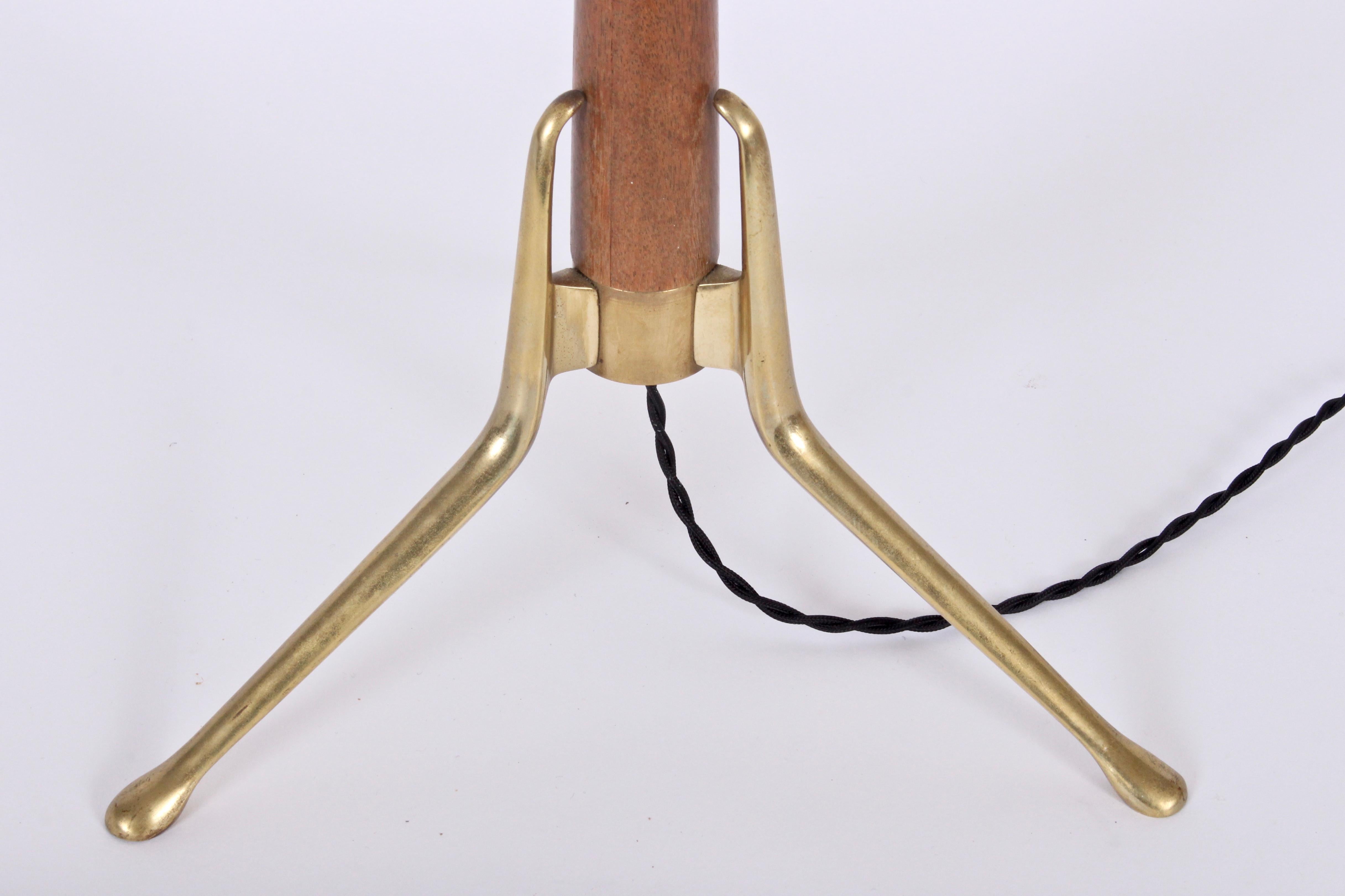 Mid-Century Modern Gerald Thurston for Lightoilier Brass & Wood Tripod Table Lamp with White Shade
