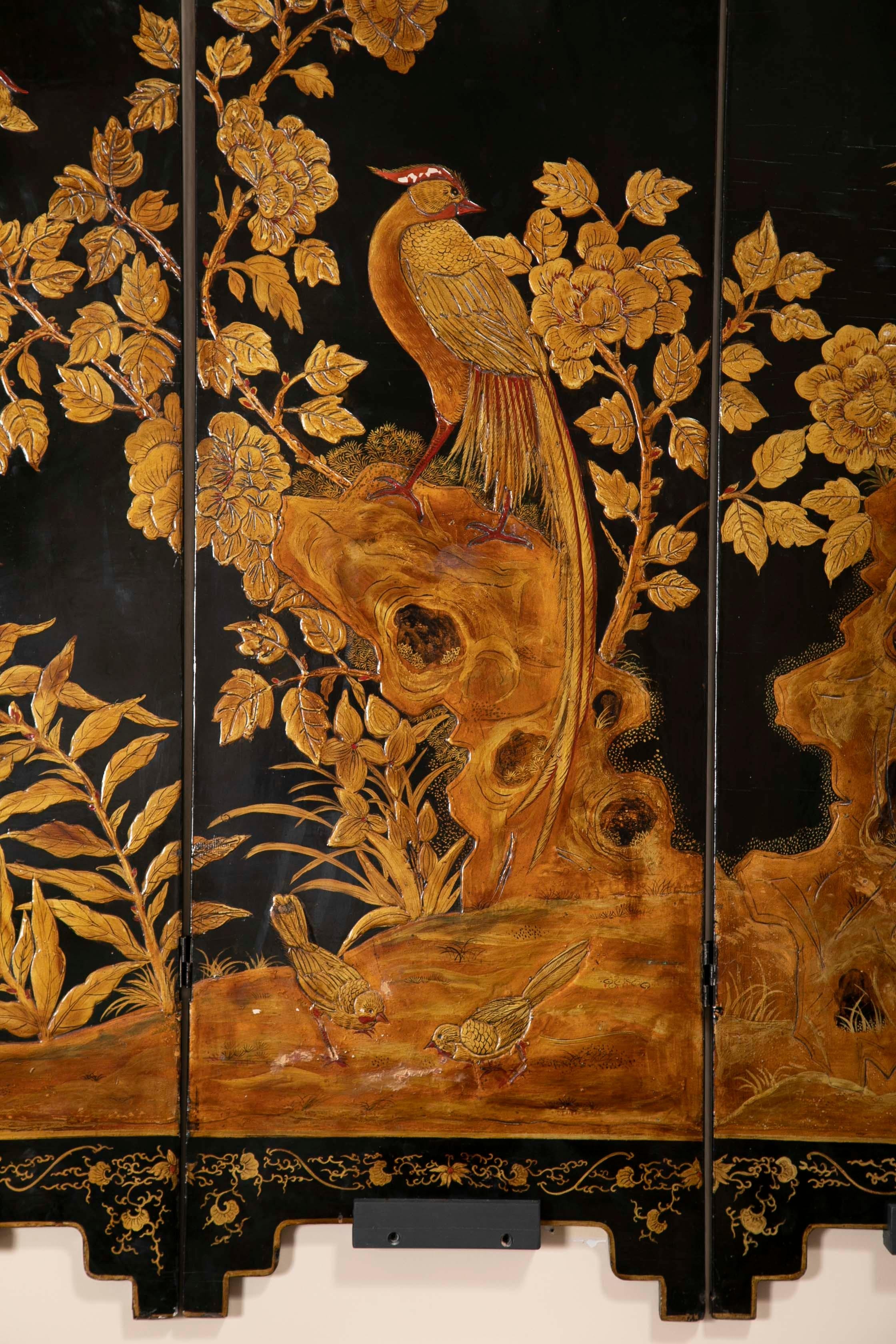 Woodwork Four Panel Chinese Lacquered Screen Depicting a Phoenix